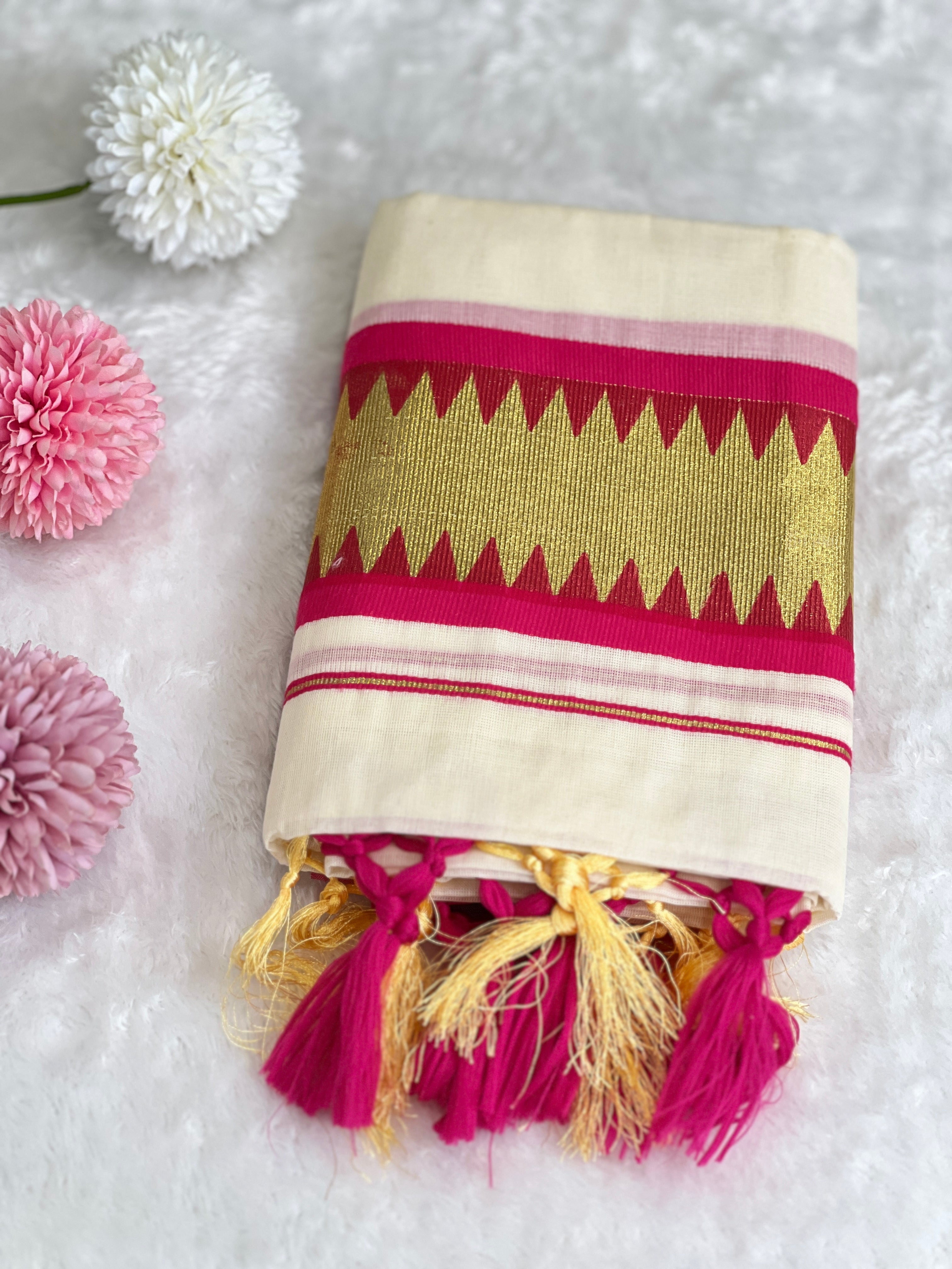 Temple Pattern Border Kerala Cotton Set Mundu | GAT578
