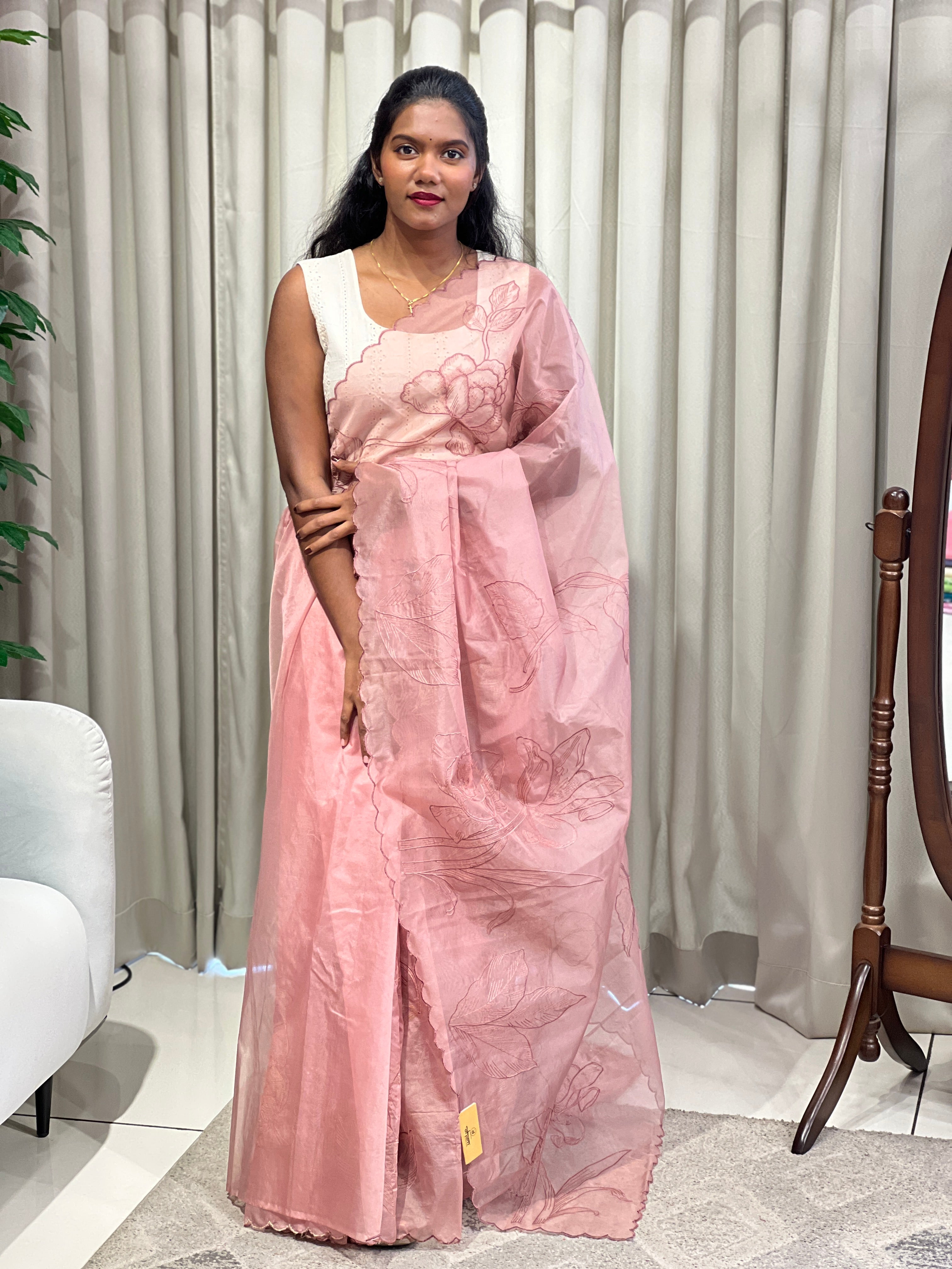 Floral Machine Embroidery Detailed Organza Saree | MM382