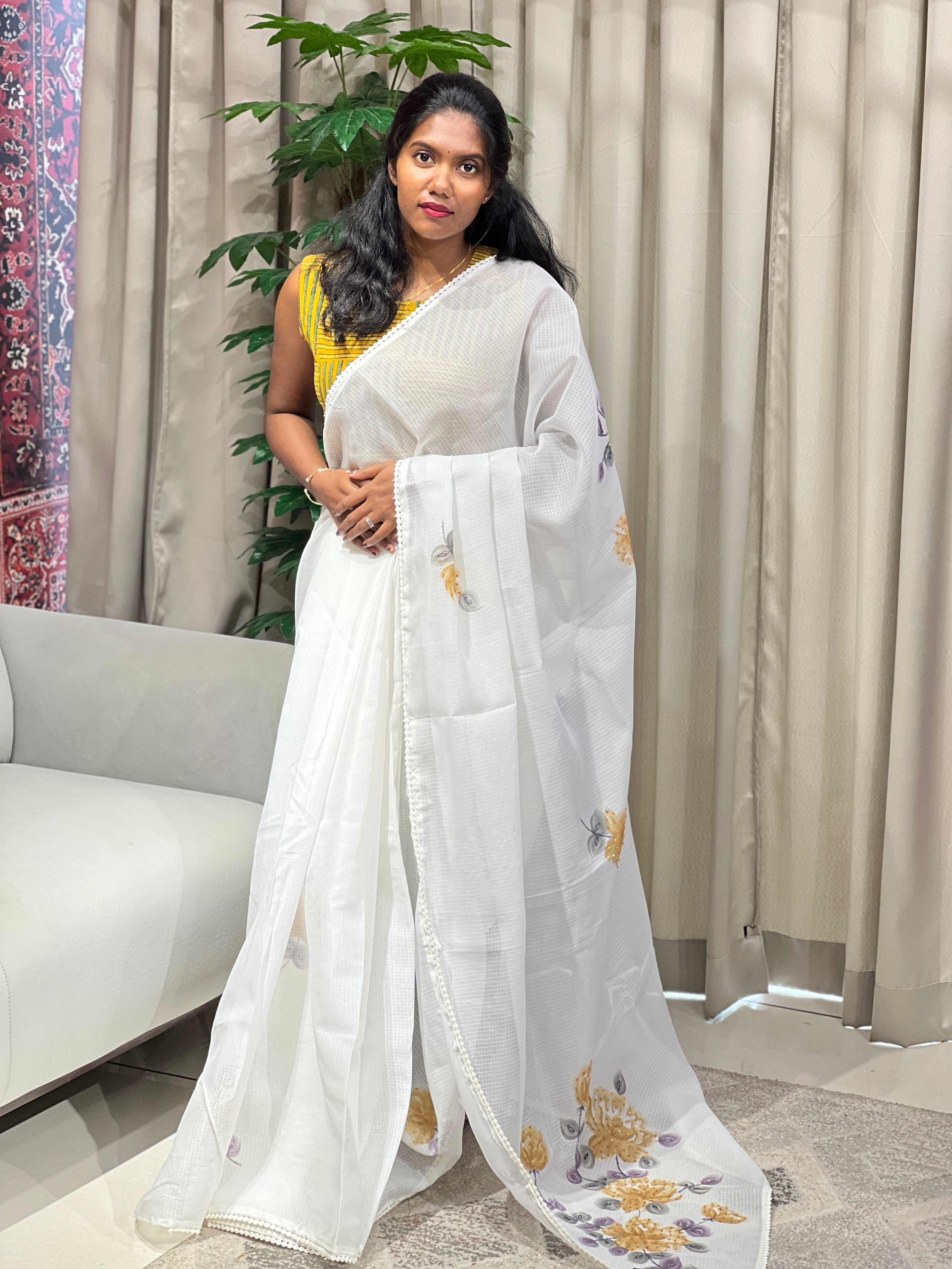 Floral Hand Paint With Sequins Highlighted Silky Kota Saree | BLD1960