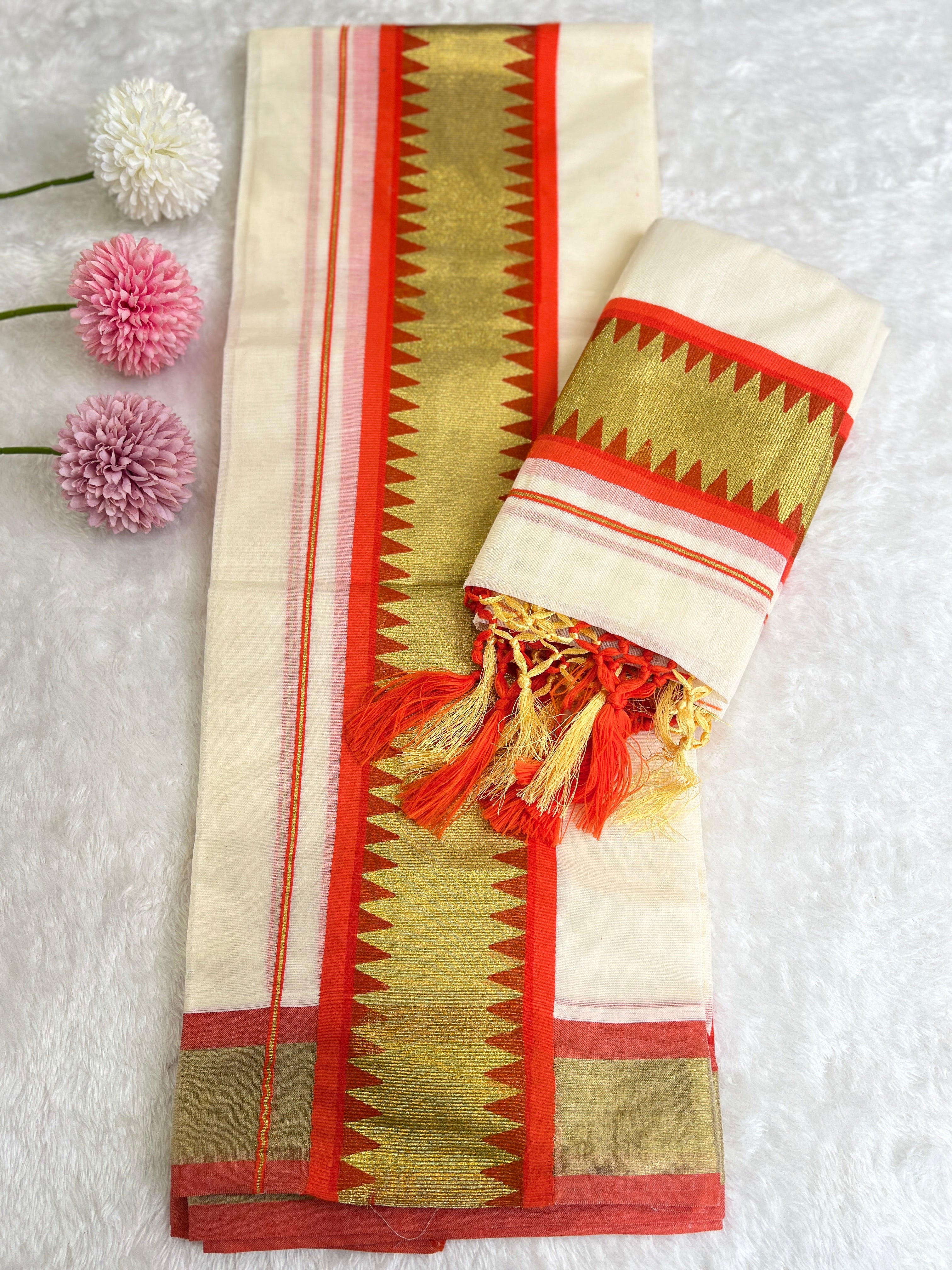 Temple Pattern Border Kerala Cotton Set Mundu | GAT573