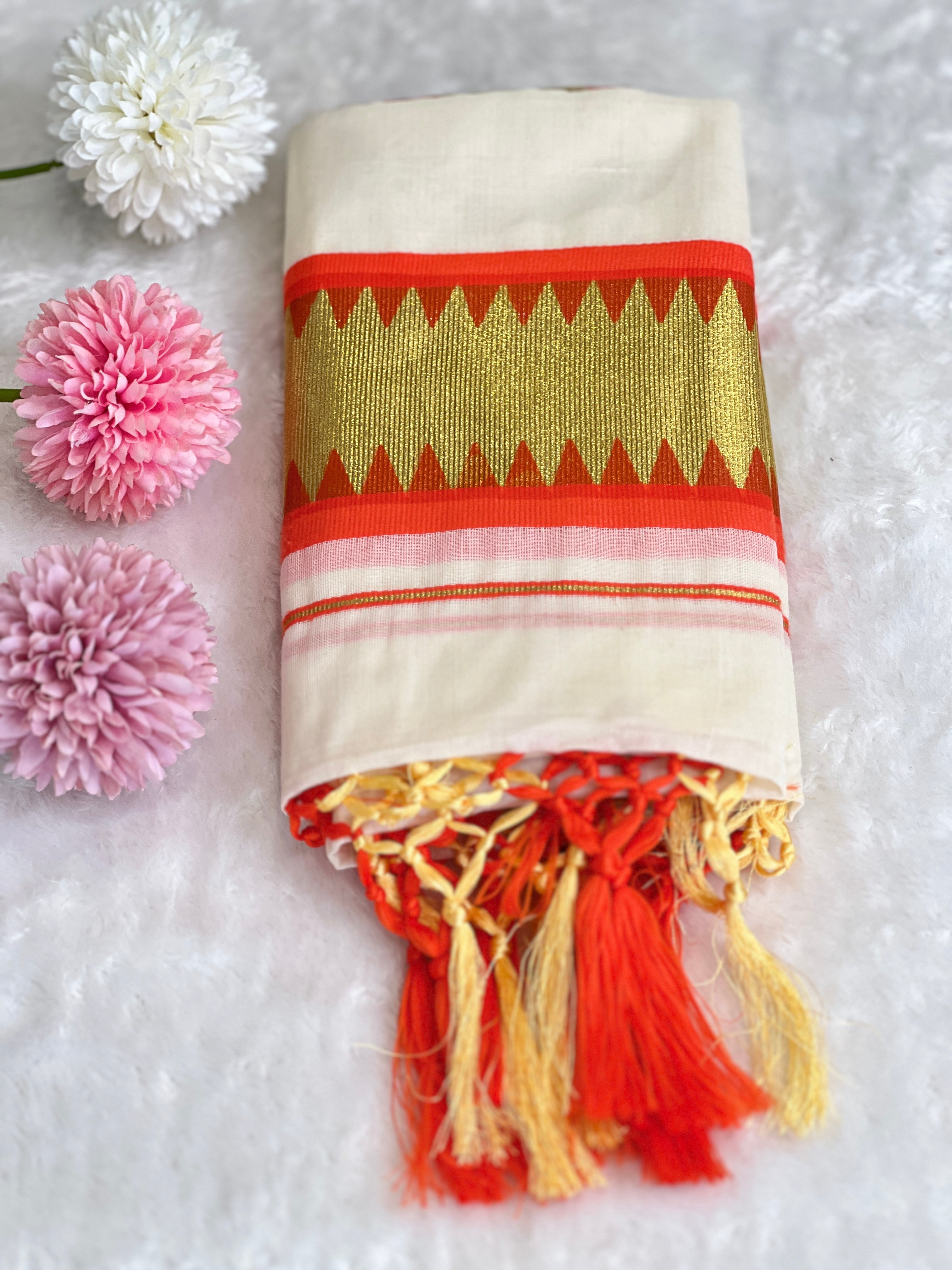 Temple Pattern Border Kerala Cotton Set Mundu | GAT573