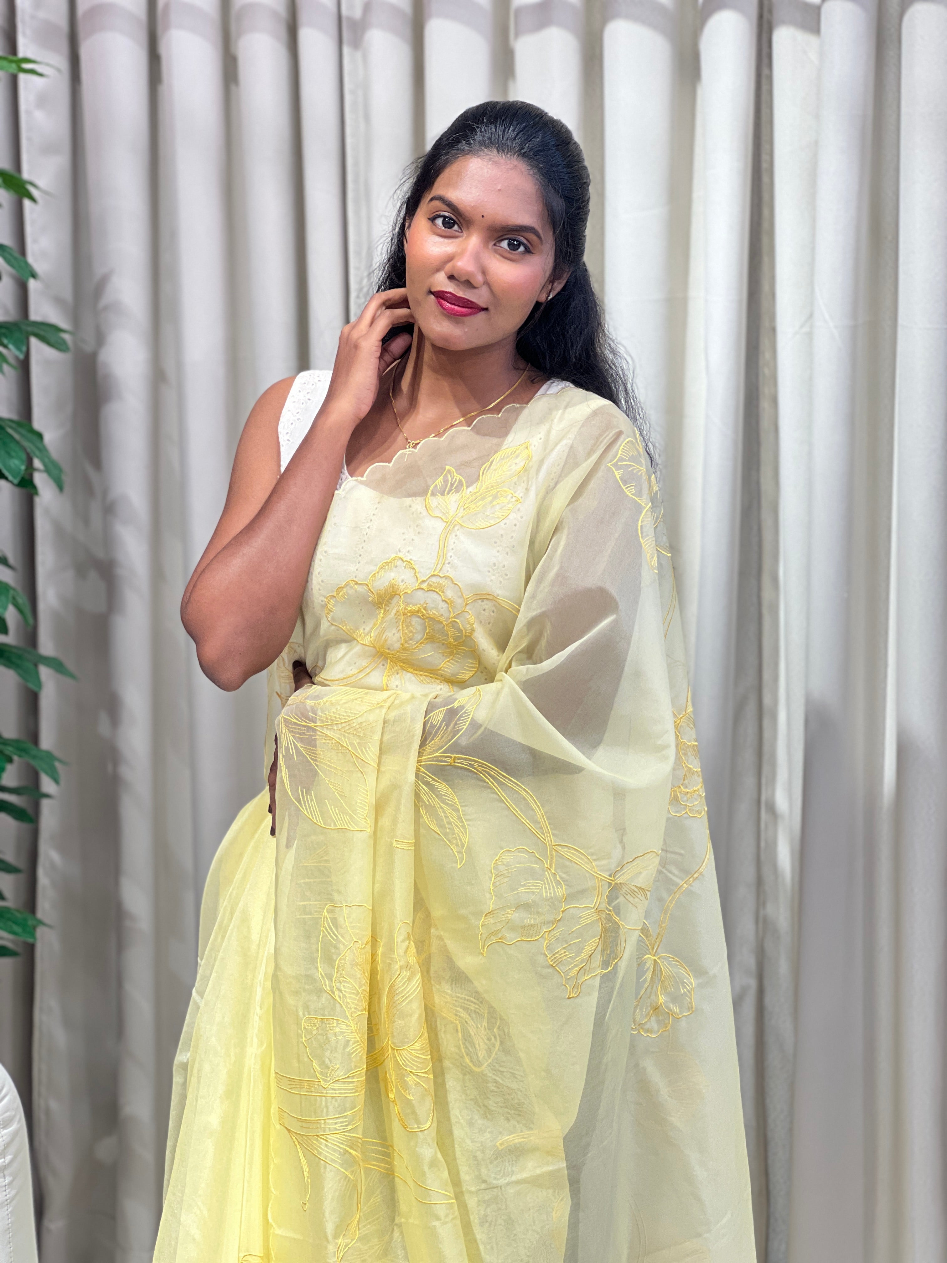 Floral Machine Embroidery Detailed Organza Saree | MM381