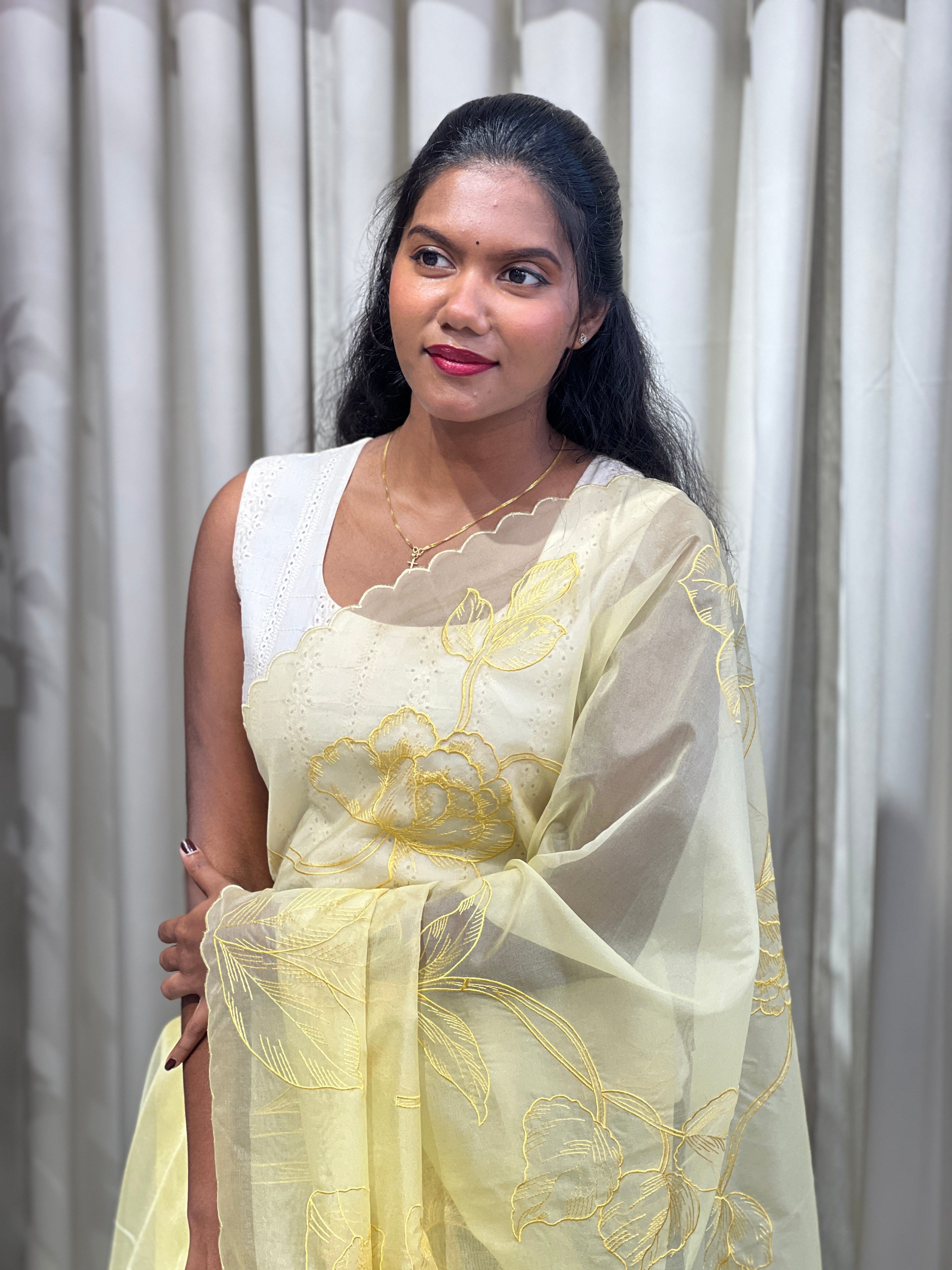 Floral Machine Embroidery Detailed Organza Saree | MM381