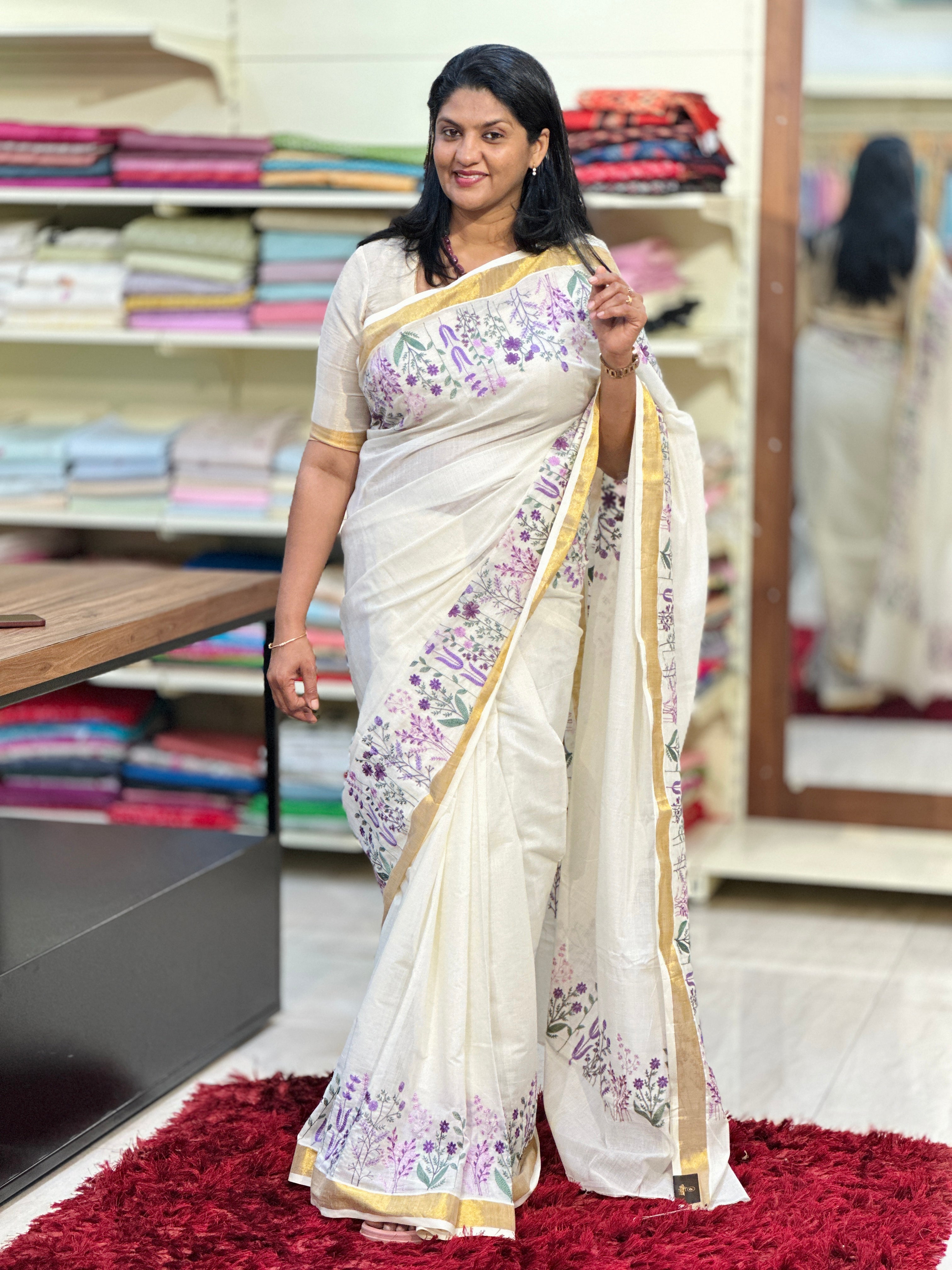 Floral Embroidered Kerala Cotton Saree | JSC288