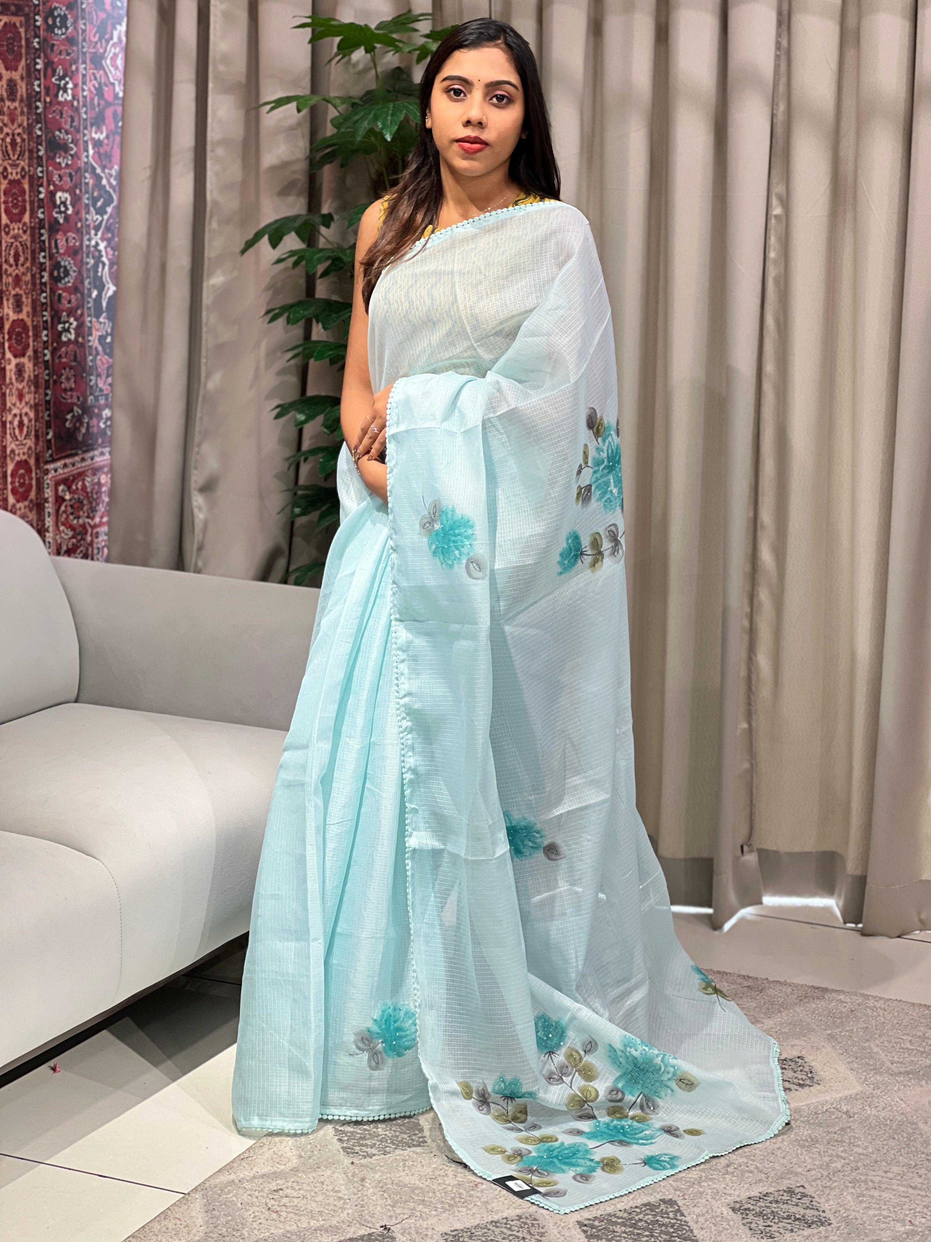 Floral Hand Paint With Sequins Highlighted Silky Kota Saree | BLD1957