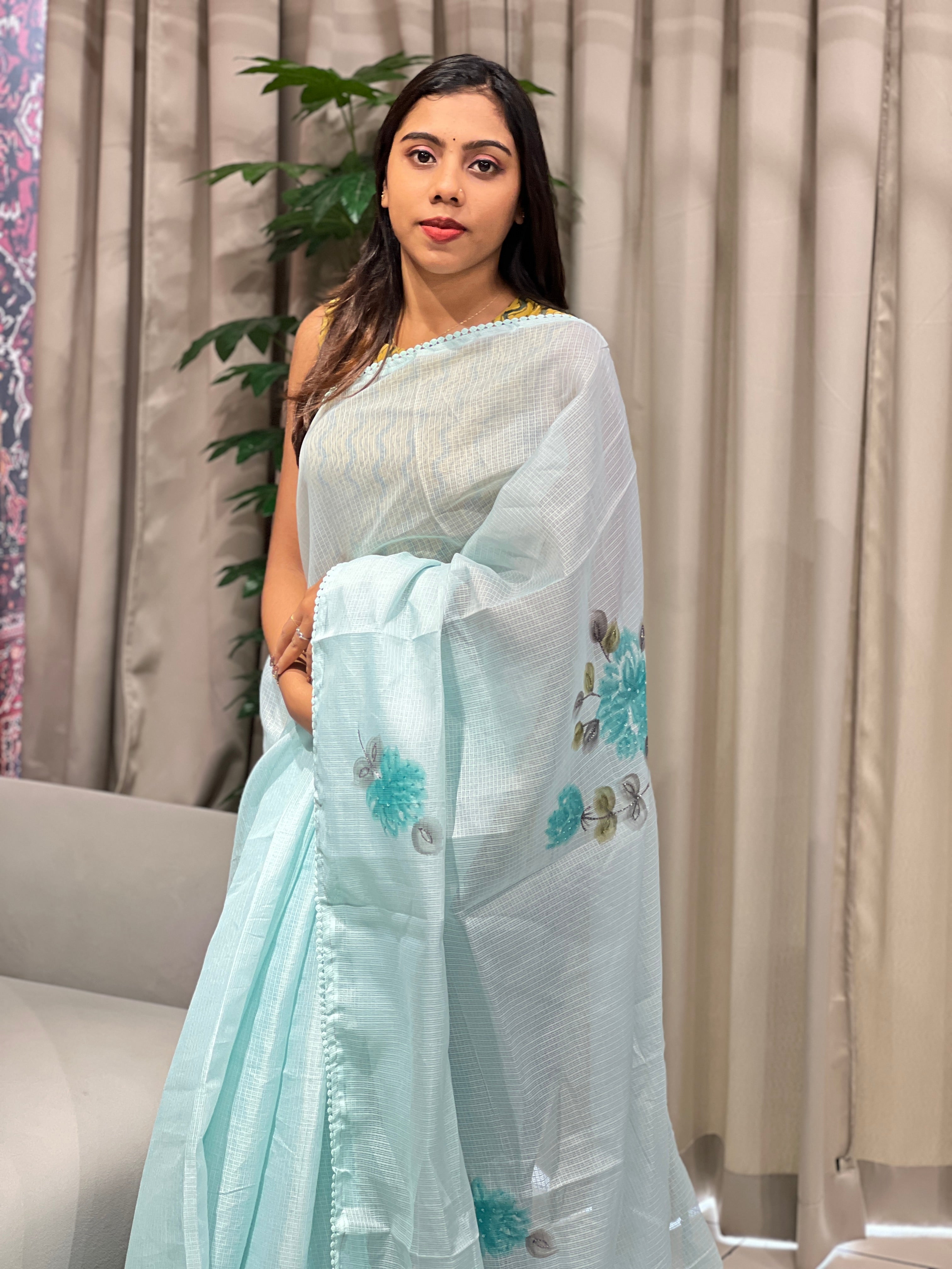 Floral Hand Paint With Sequins Highlighted Silky Kota Saree | BLD1957