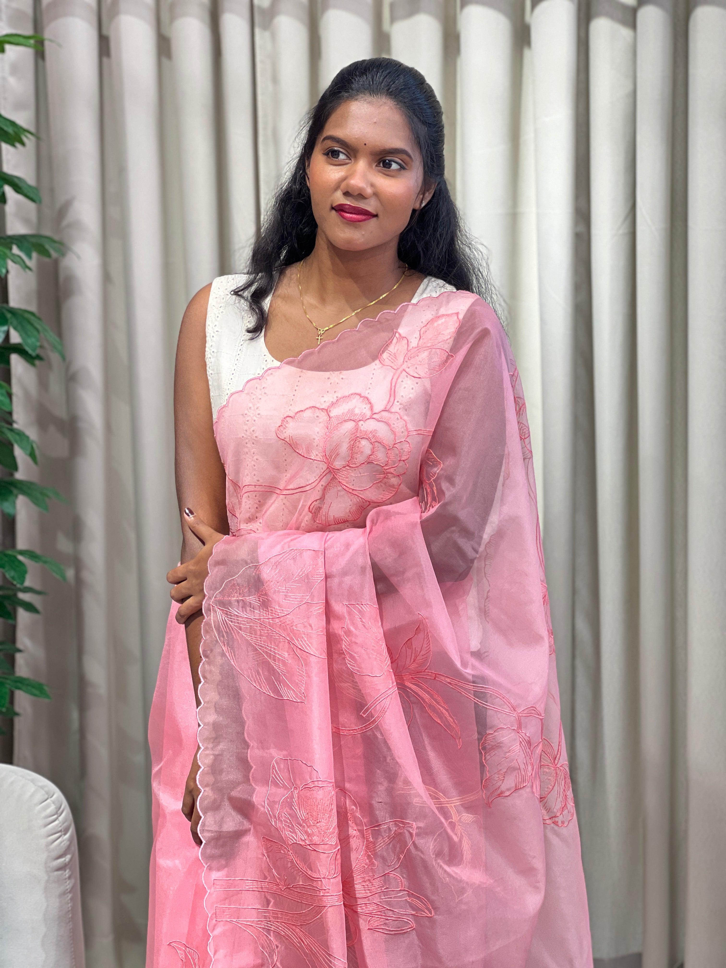 Floral Machine Embroidery Detailed Organza Saree | MM380