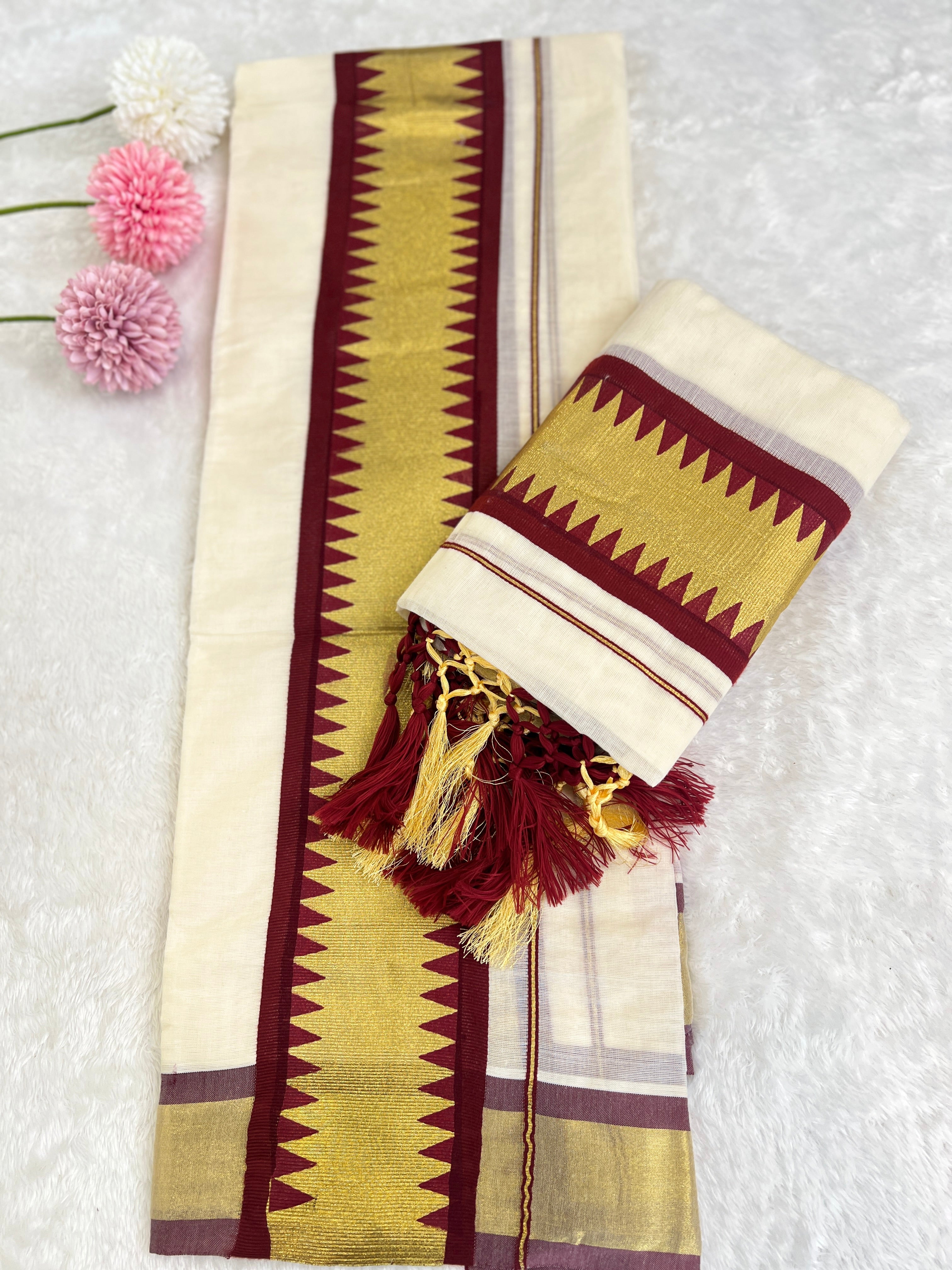 Temple Pattern Border Kerala Cotton Set Mundu | GAT579