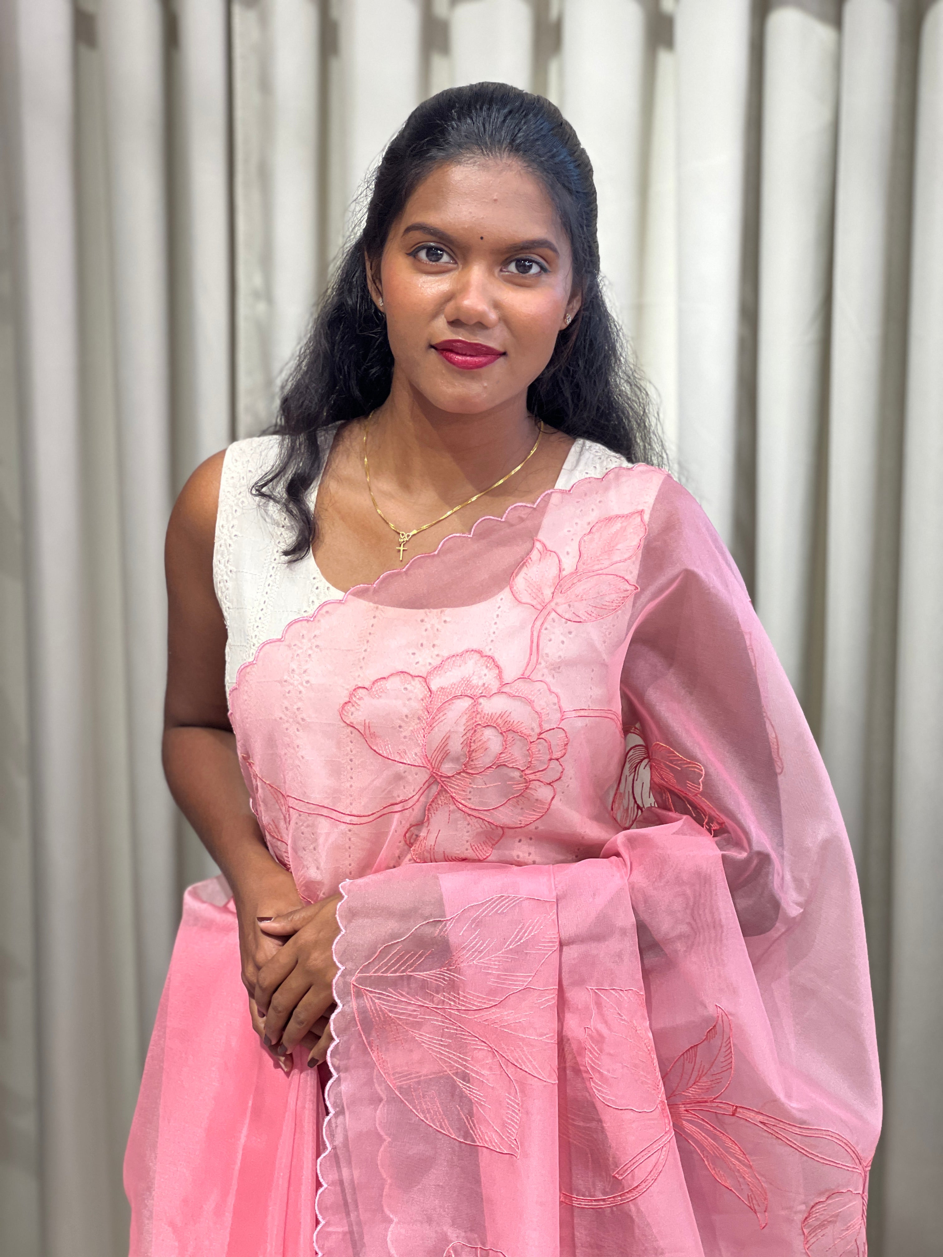 Floral Machine Embroidery Detailed Organza Saree | MM380