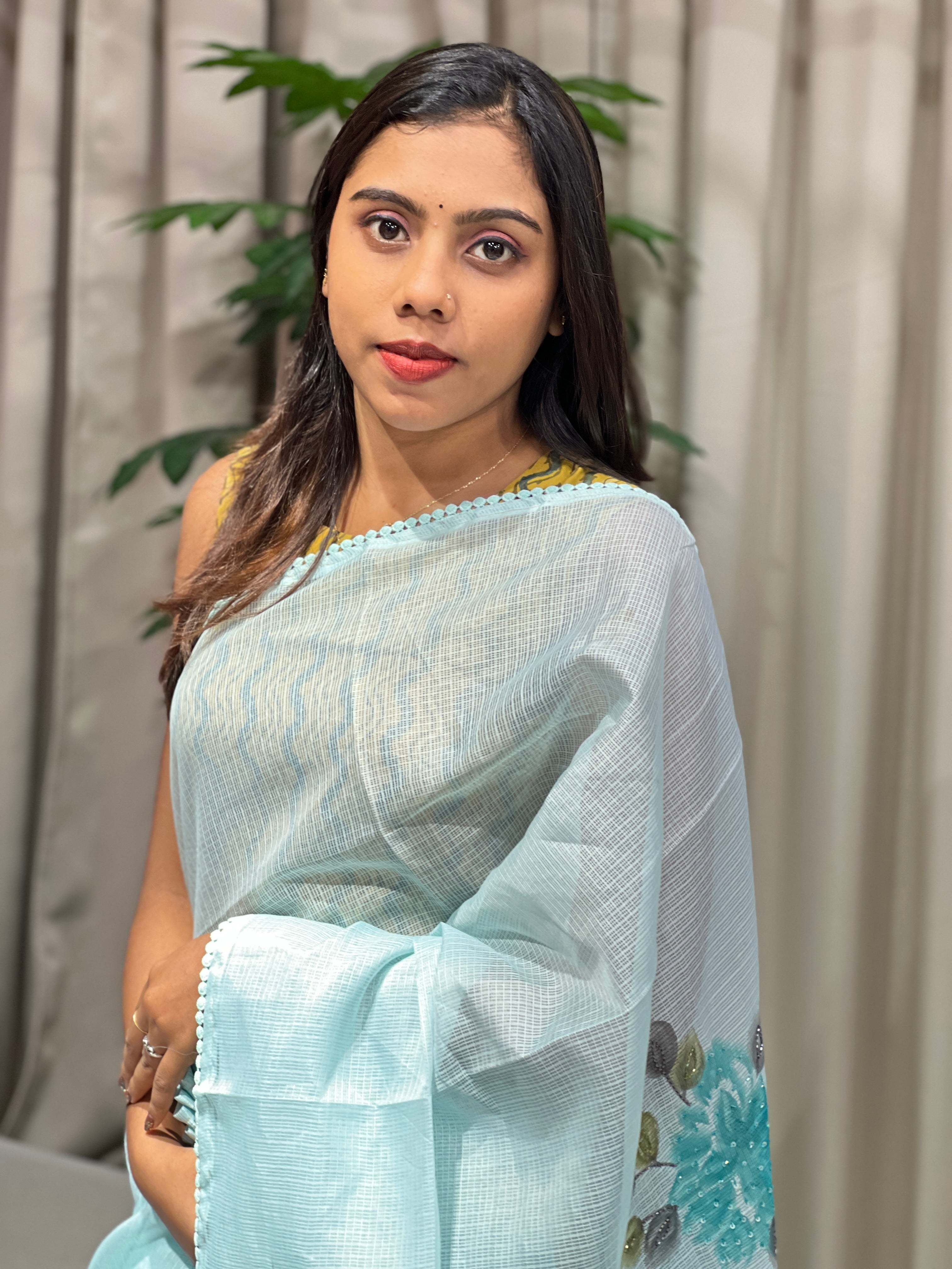 Floral Hand Paint With Sequins Highlighted Silky Kota Saree | BLD1957