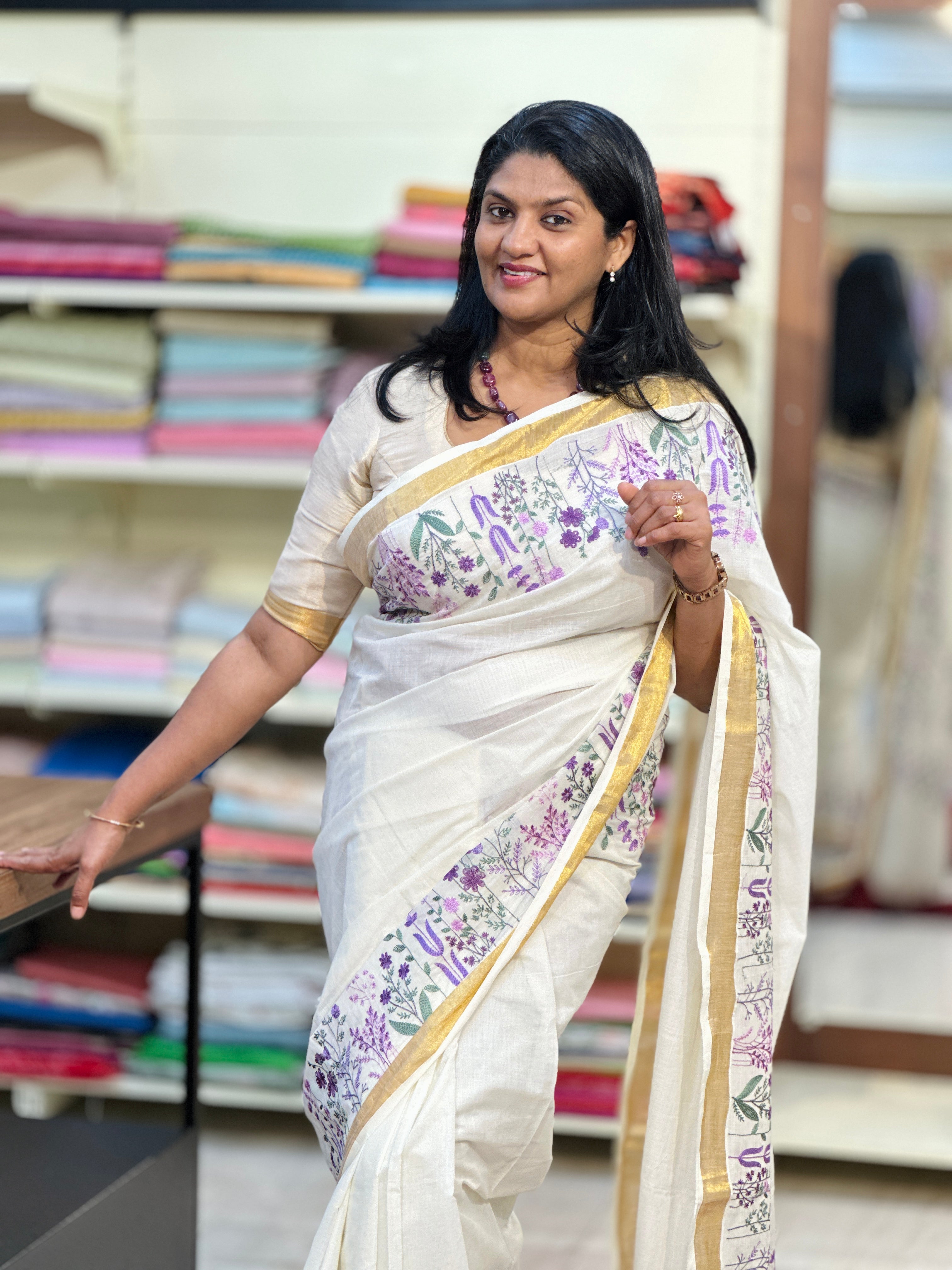 Floral Embroidered Kerala Cotton Saree | JSC288
