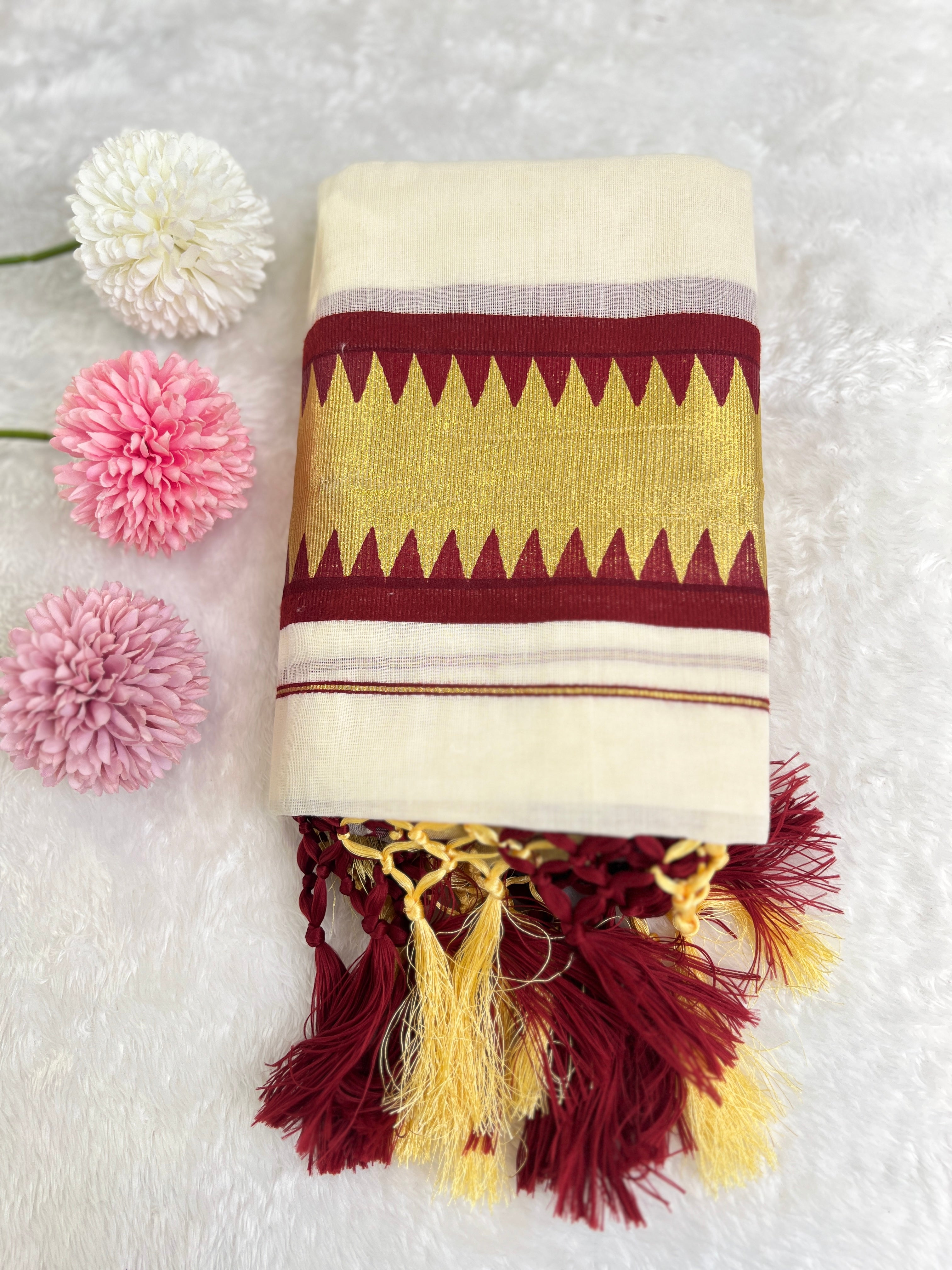 Temple Pattern Border Kerala Cotton Set Mundu | GAT579