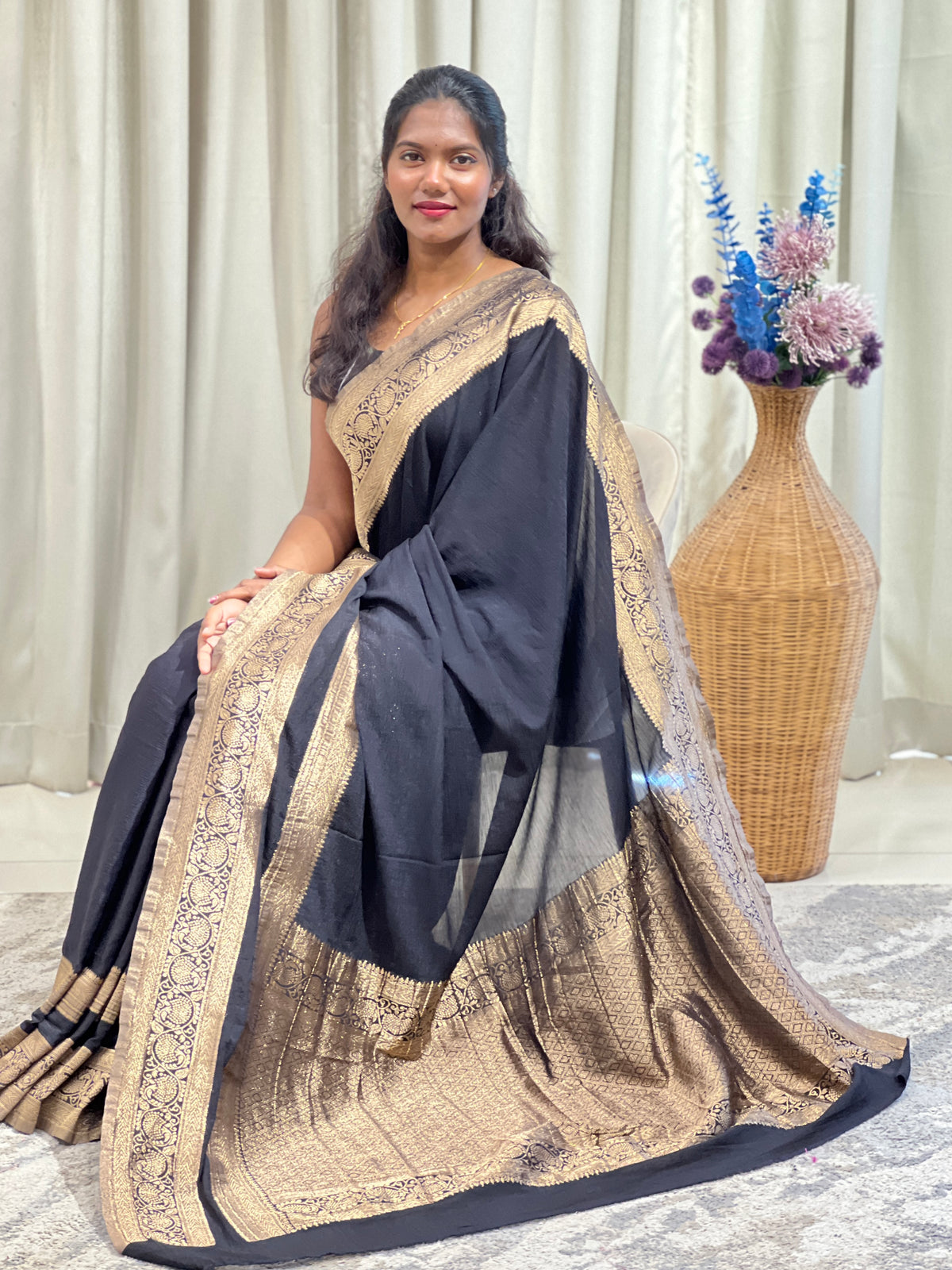 Antique Gold Zari Worked Crushed Chinon Sarees | RS119