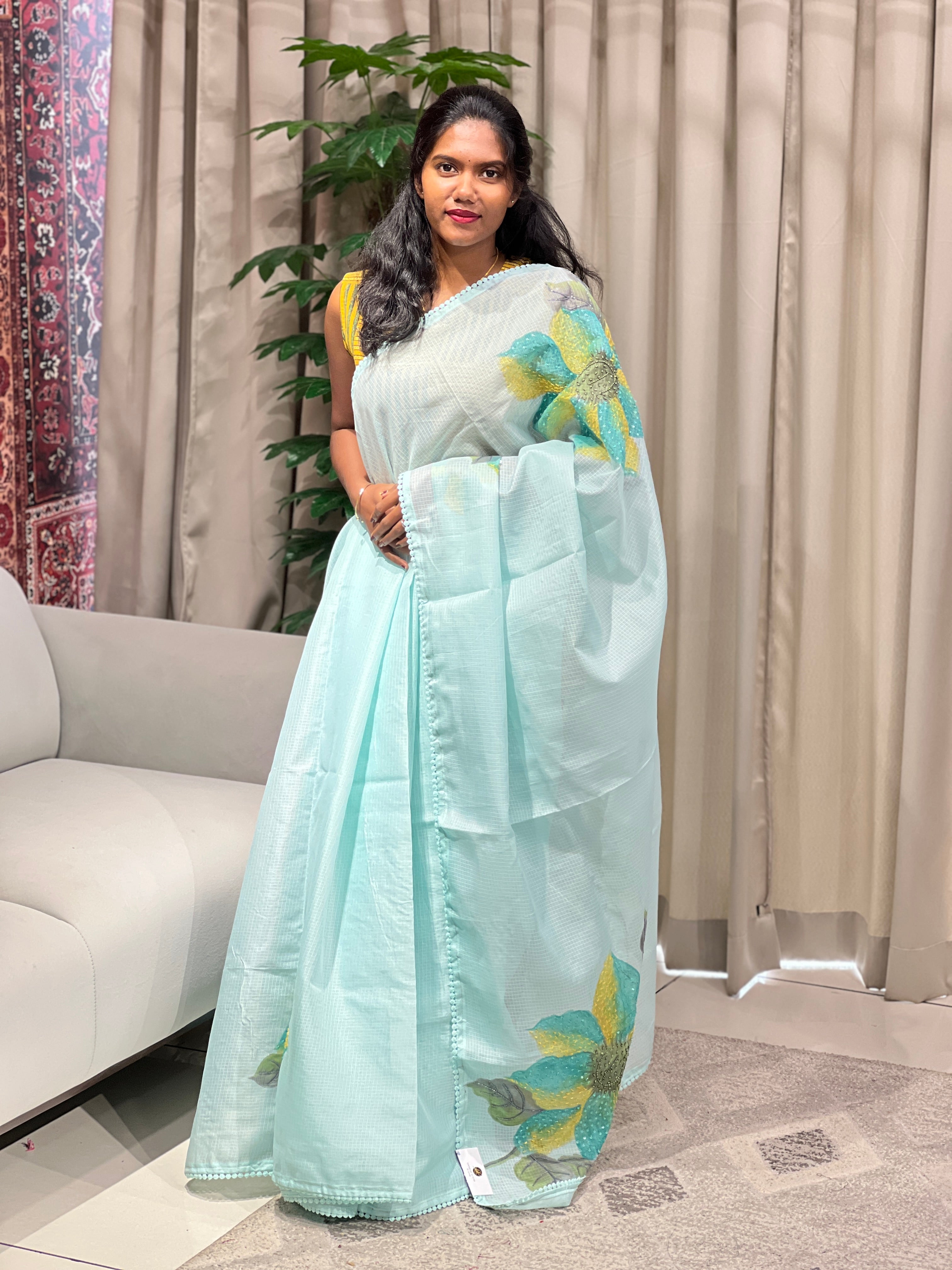 Floral Hand Paint With Beads Highlighted Silky Kota Saree | BLD1934