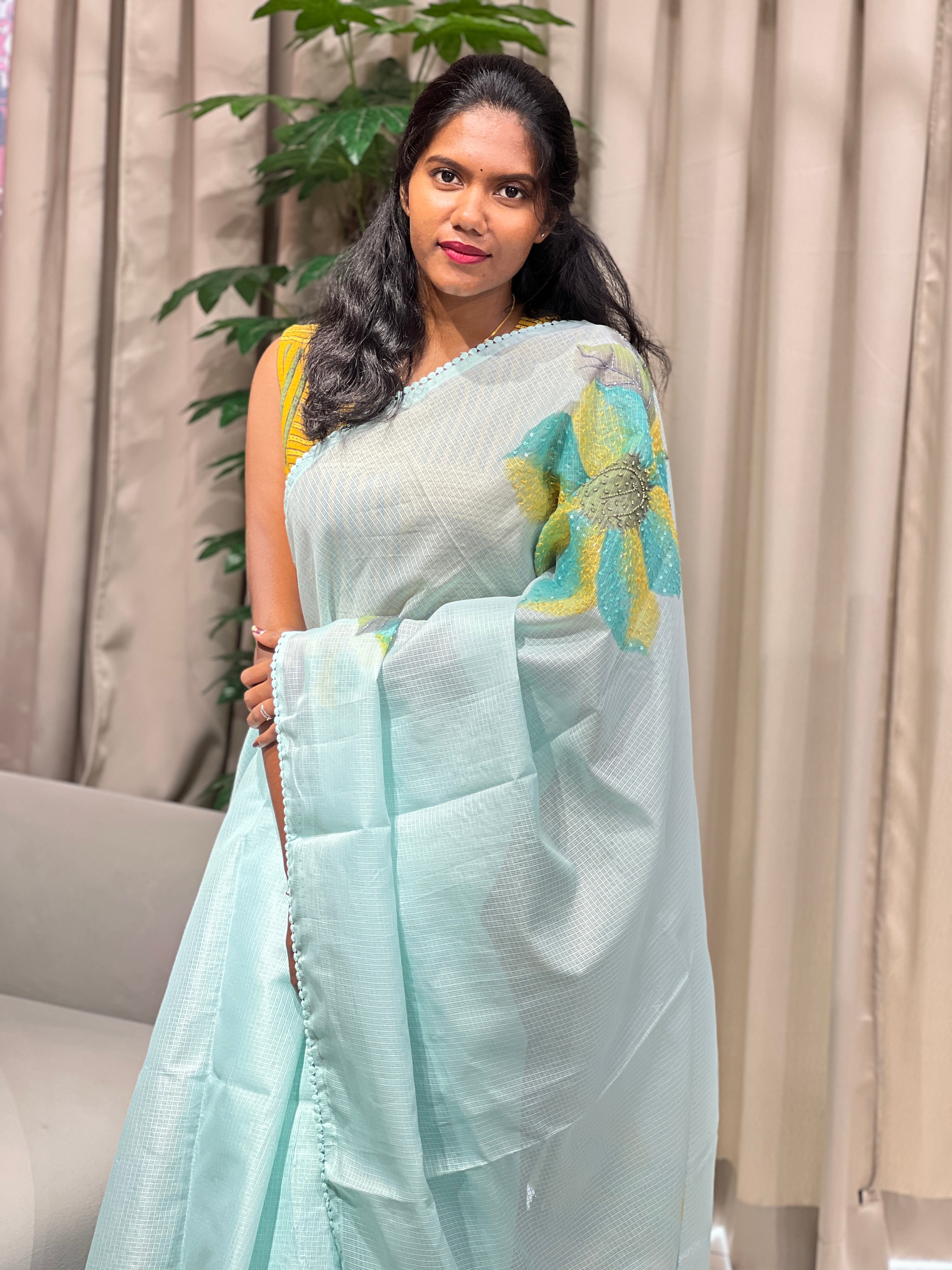 Floral Hand Paint With Beads Highlighted Silky Kota Saree | BLD1934