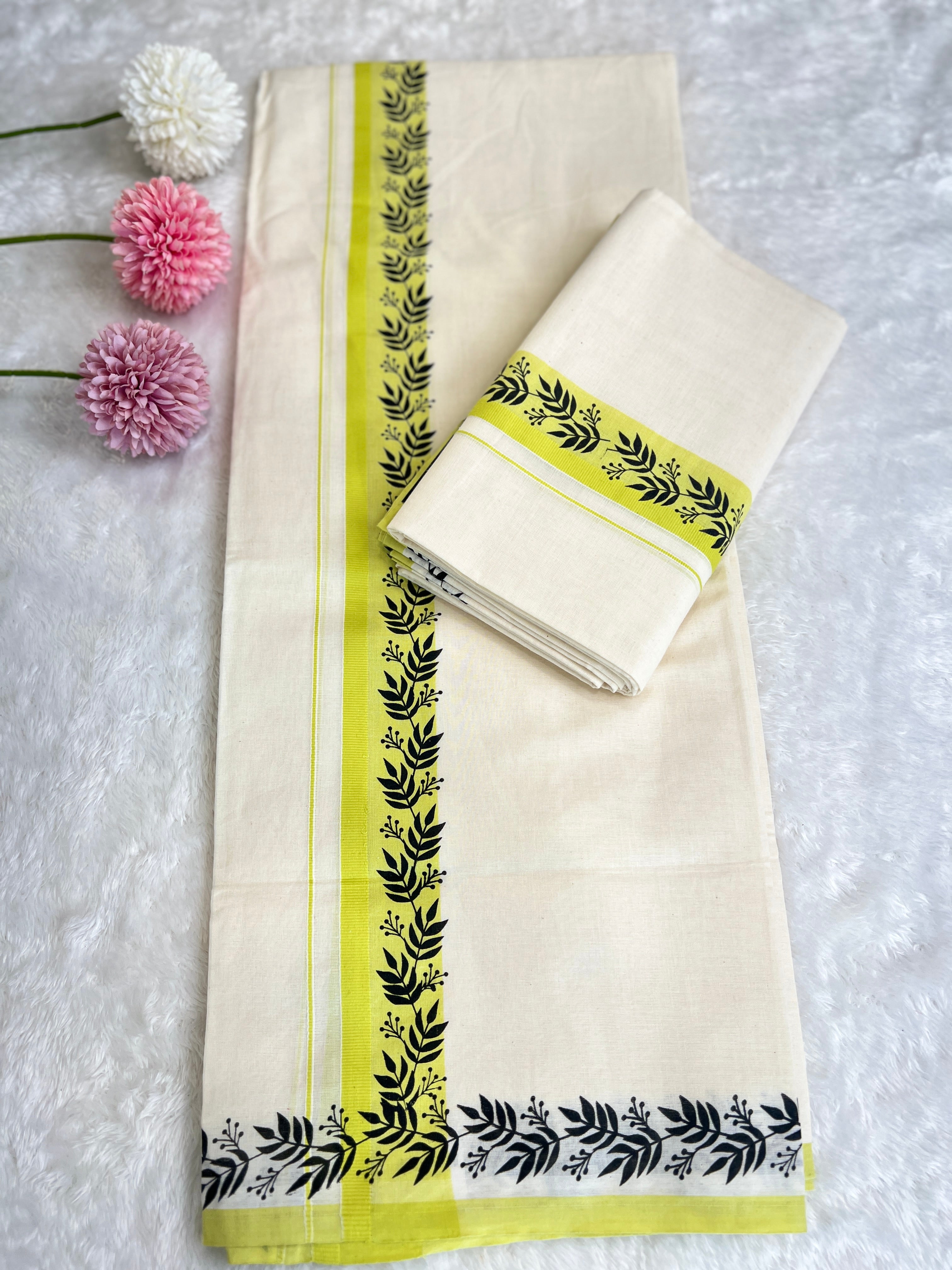 Hand Block Printed Kerala Cotton Set Mundu | GAT557