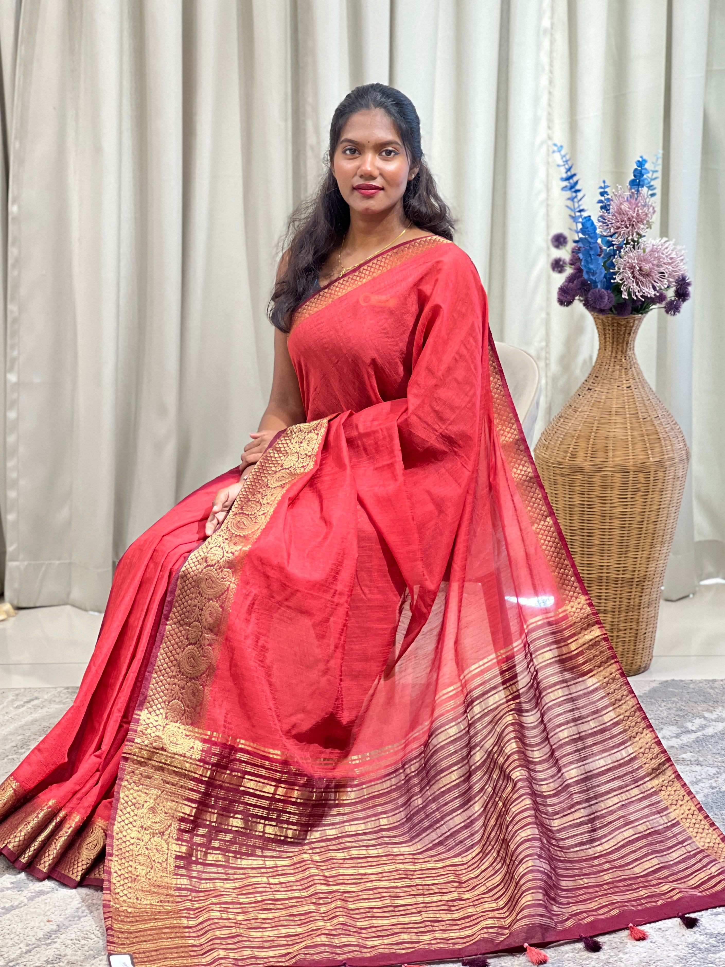 Golden Zari Weaved Border Pattern Linen Finish Saree  | ZSS345