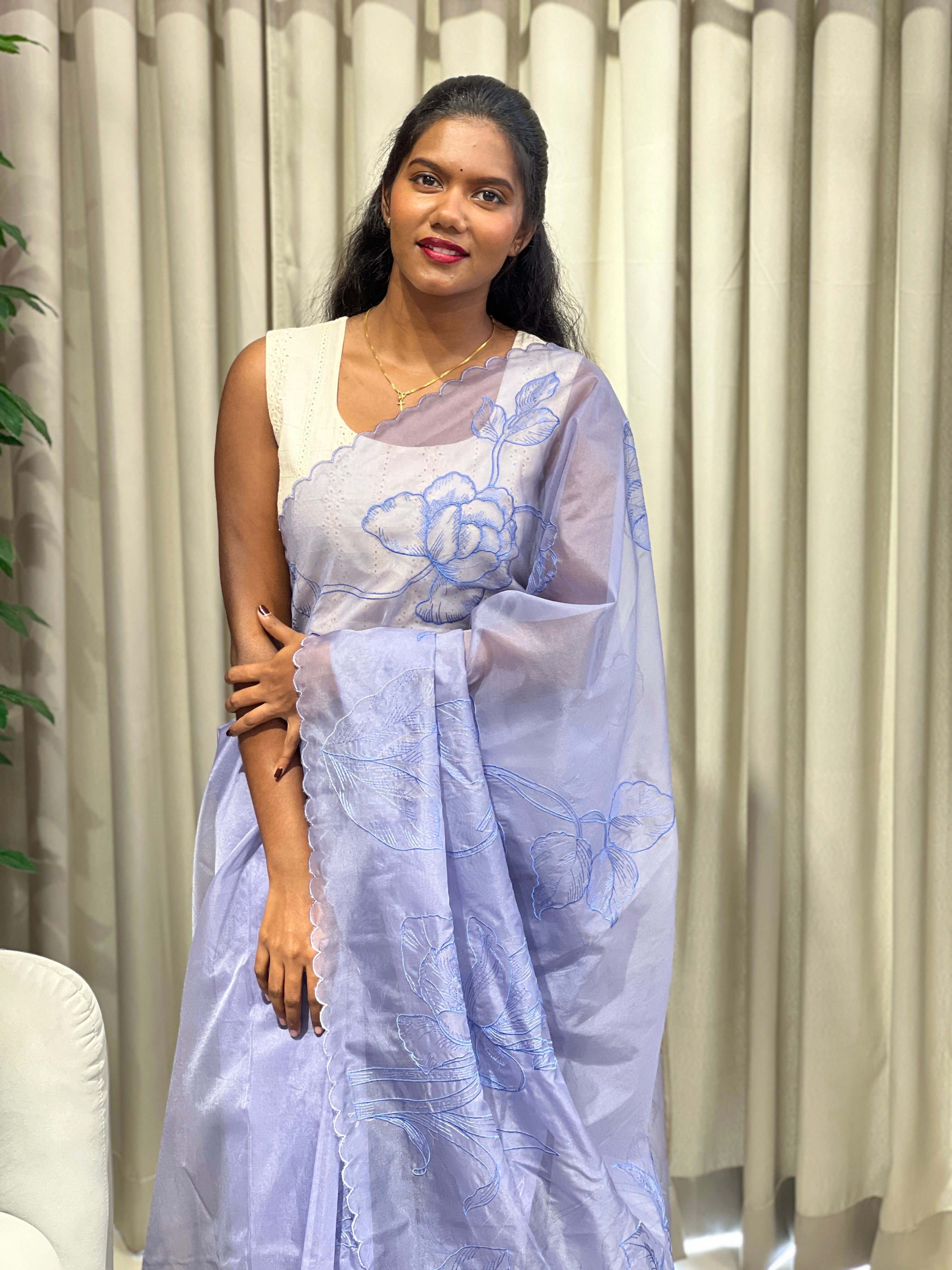 Floral Machine Embroidery Detailed Organza Saree | MM379