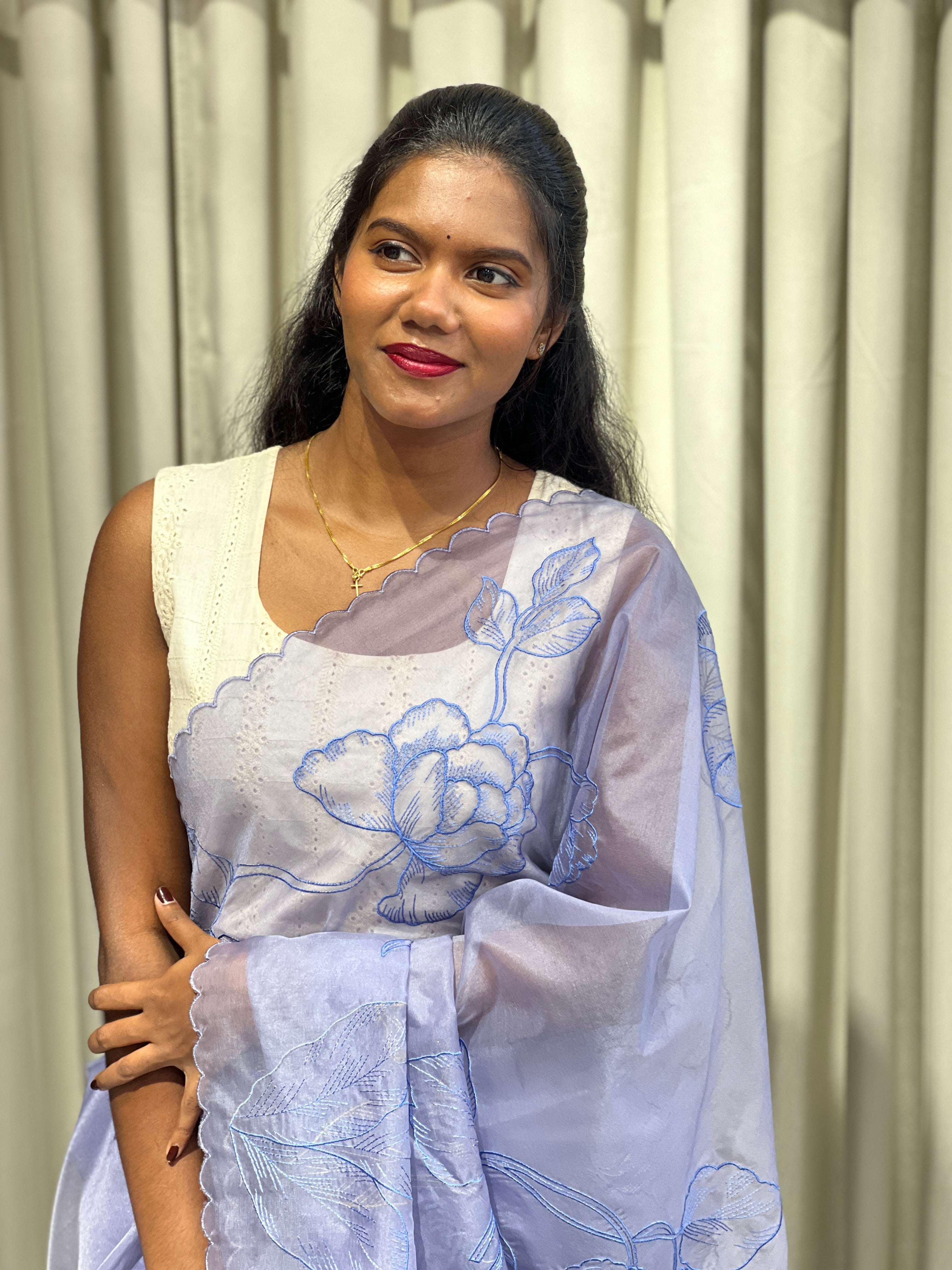 Floral Machine Embroidery Detailed Organza Saree | MM379