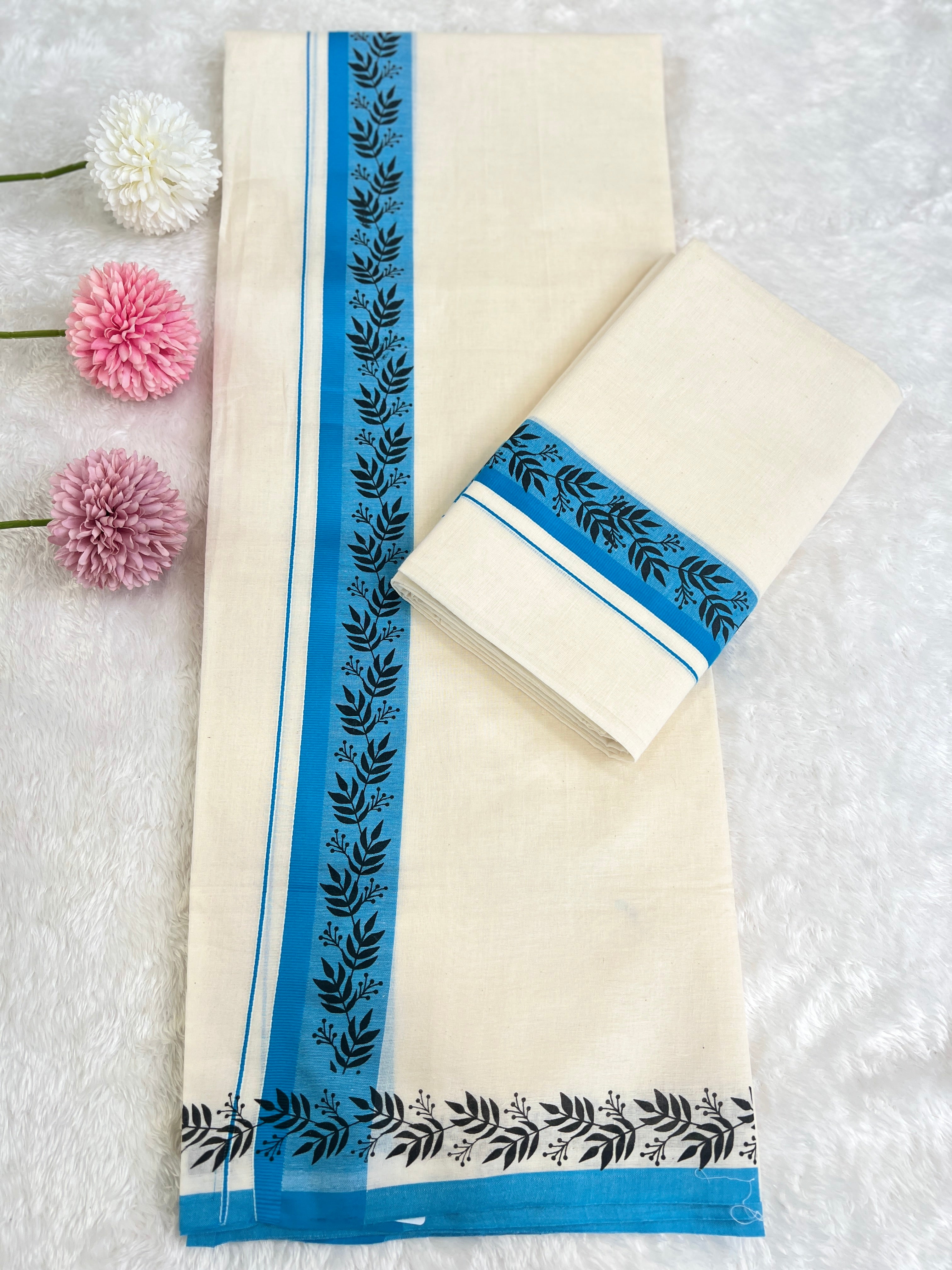 Hand Block Printed Kerala Cotton Set Mundu | GAT556