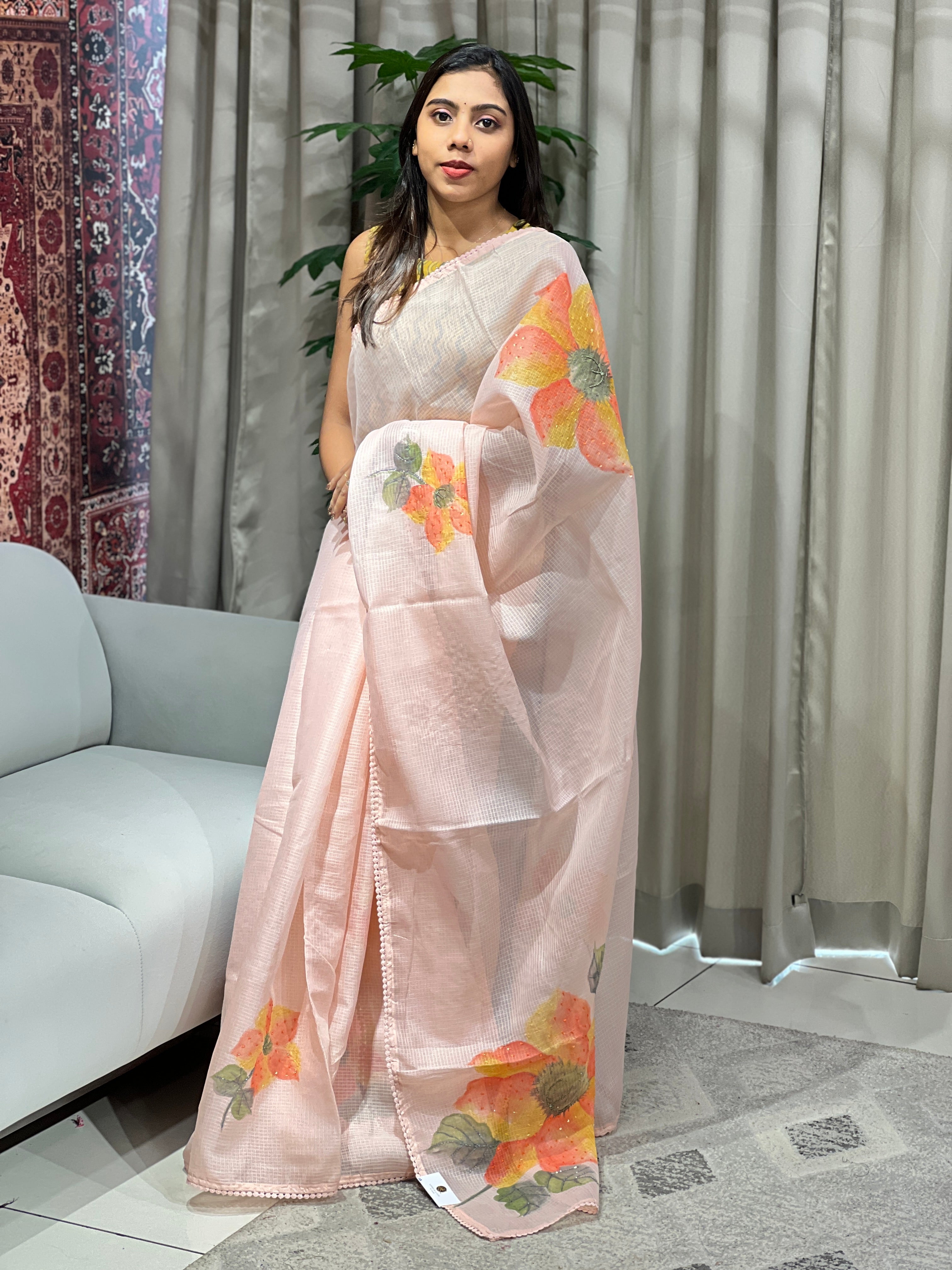 Floral Hand Paint With Beads Highlighted Silky Kota Saree | BLD1936