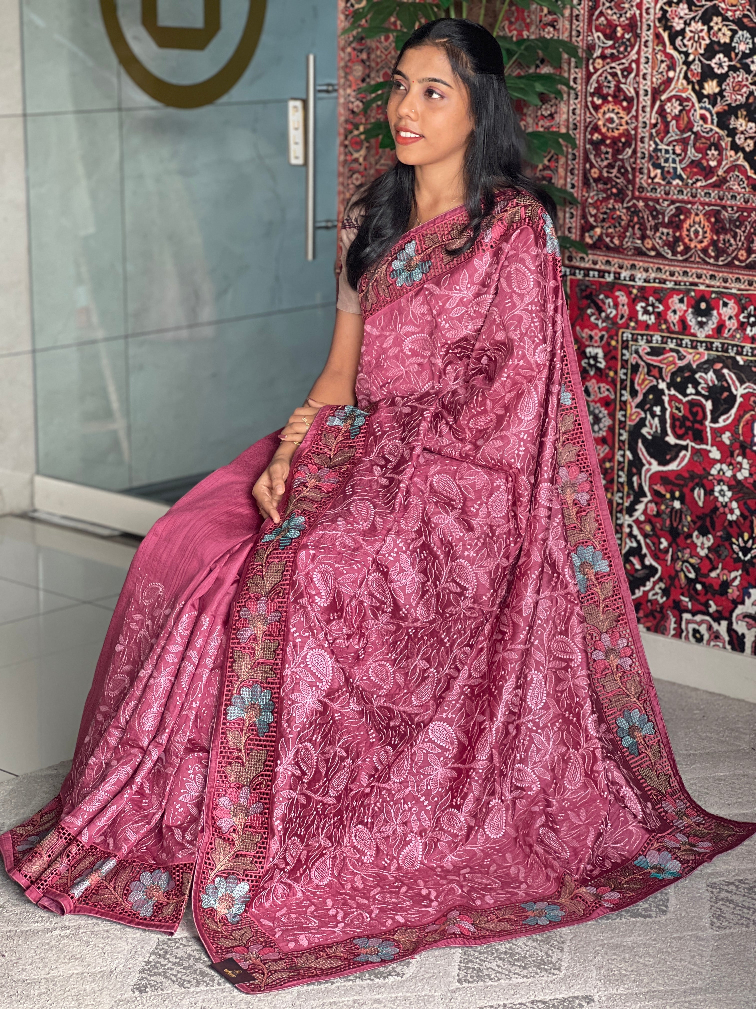 Cutwork & Embroidery Detailed Tussar Finish Saree | GAR120