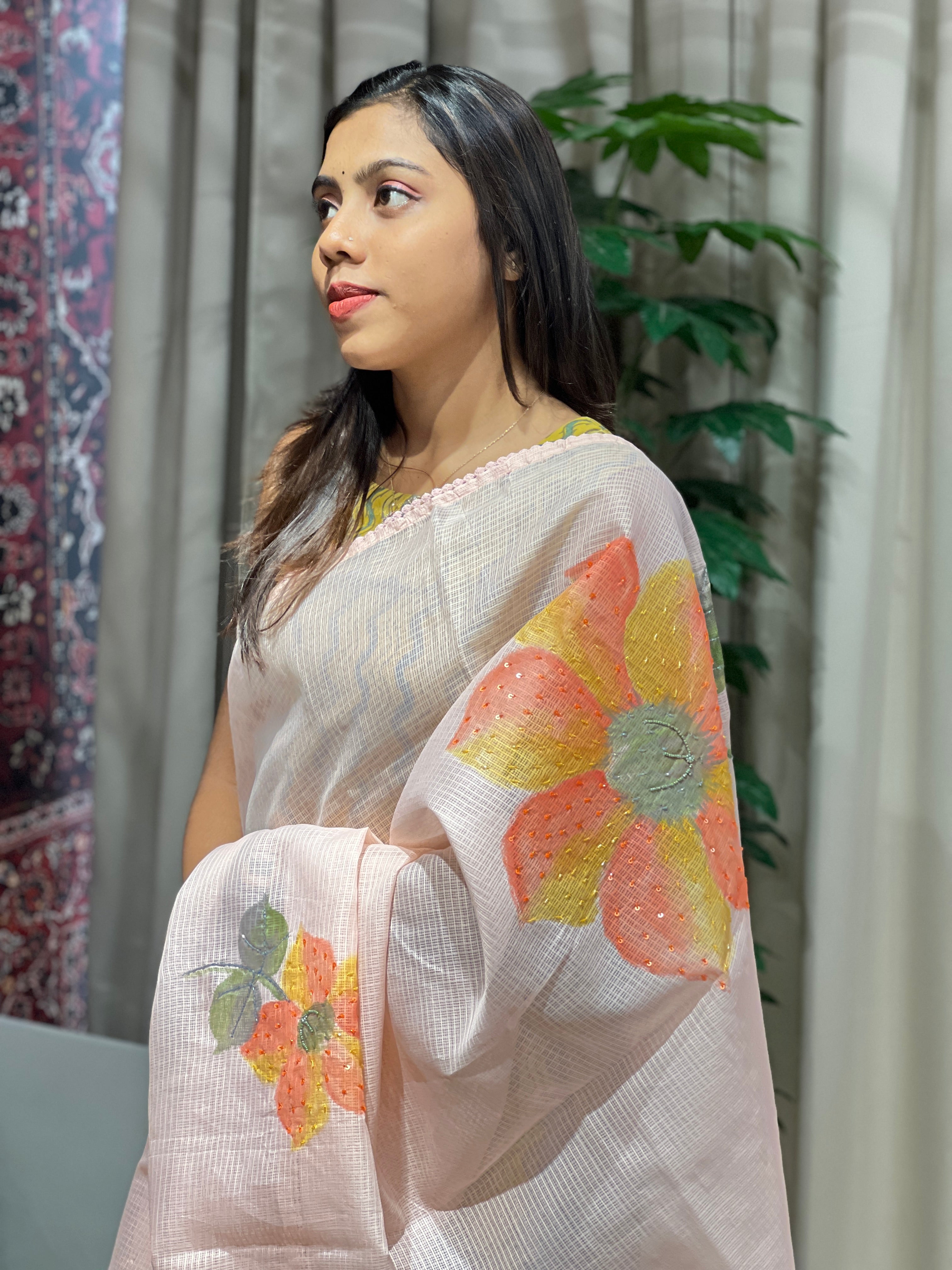 Floral Hand Paint With Beads Highlighted Silky Kota Saree | BLD1936