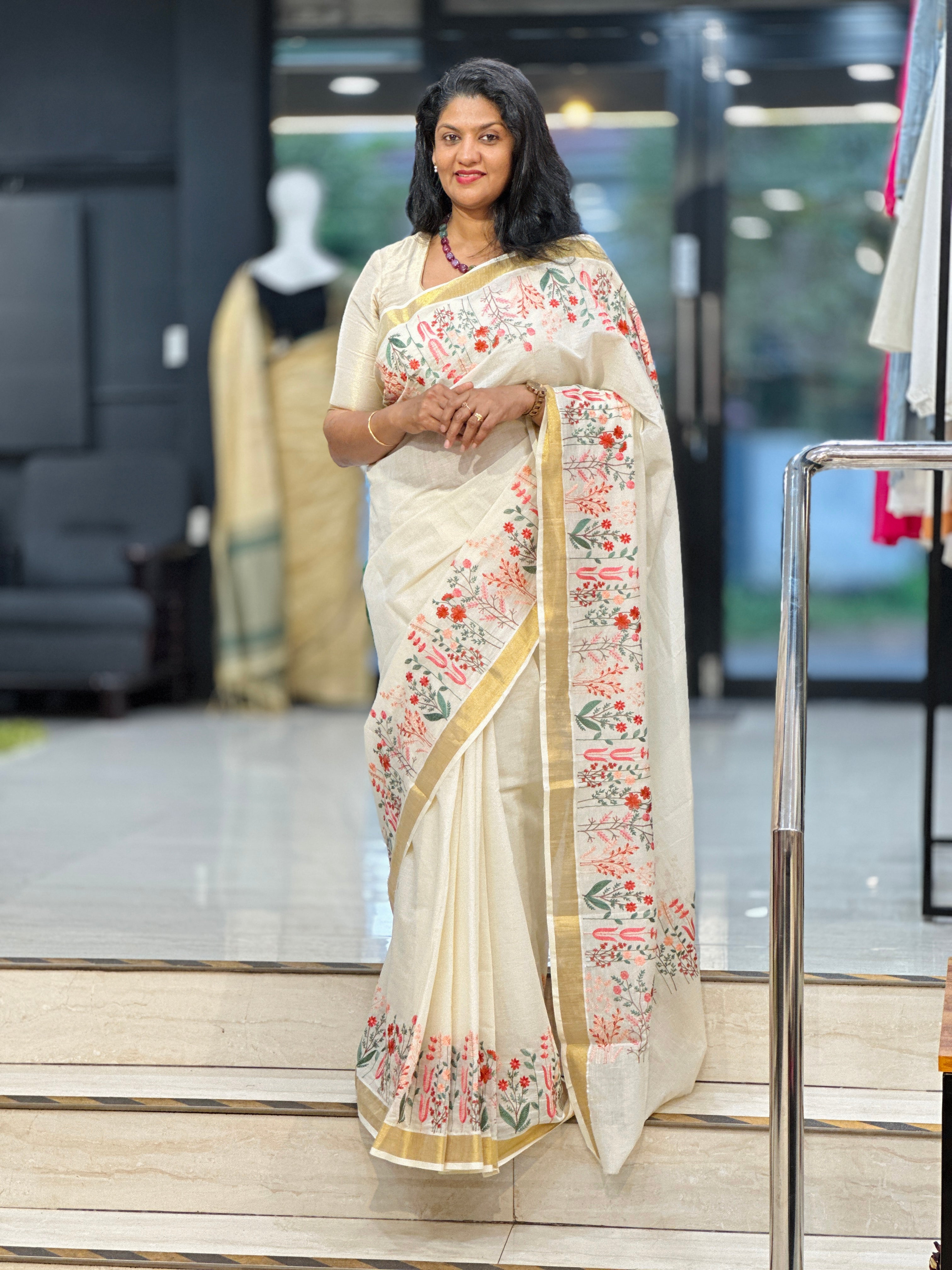 Floral Embroidered Kerala Cotton Saree | JSC292