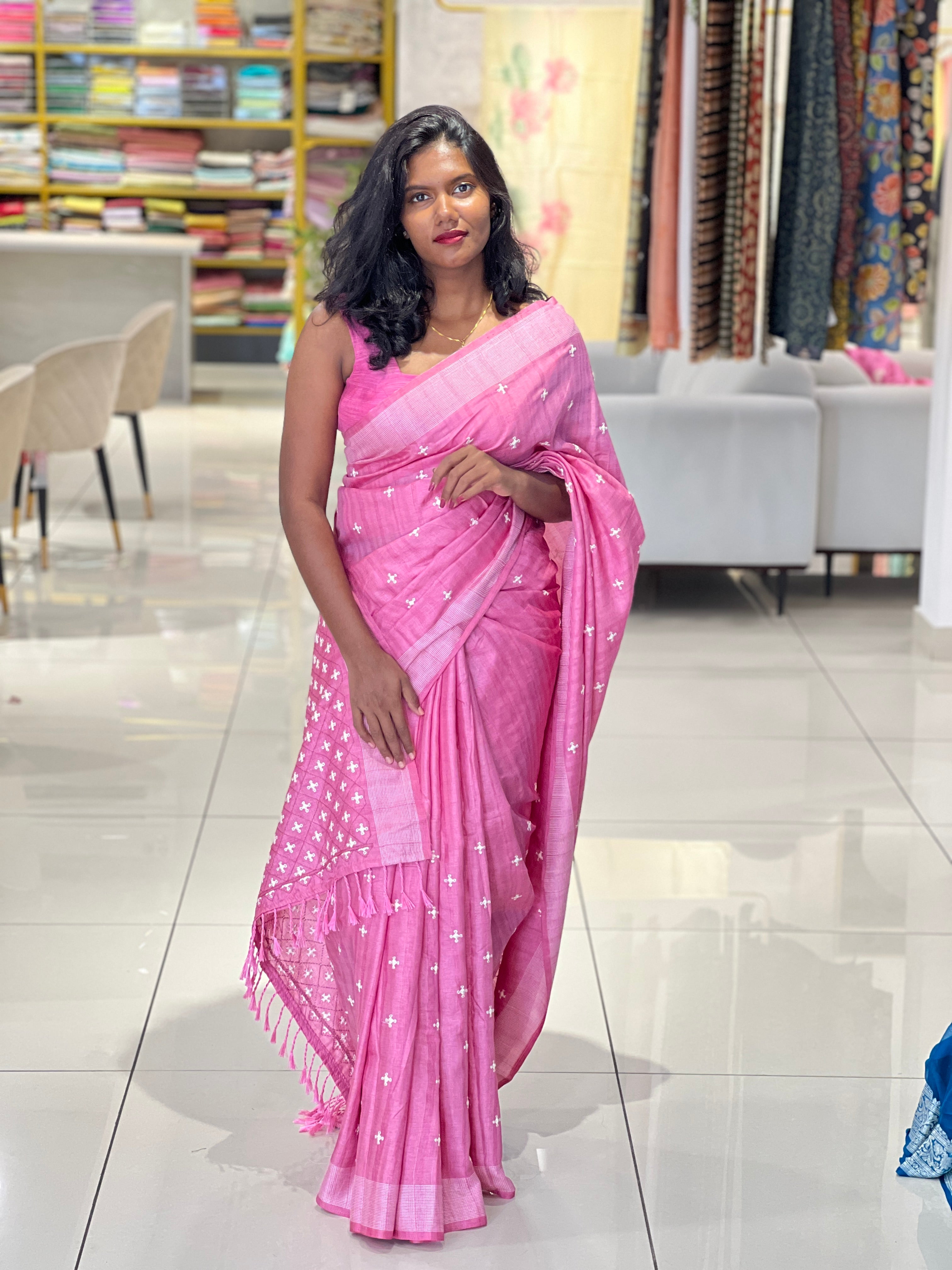 Machine Embroidery Detailed Semi Tussar Saree | SUN325