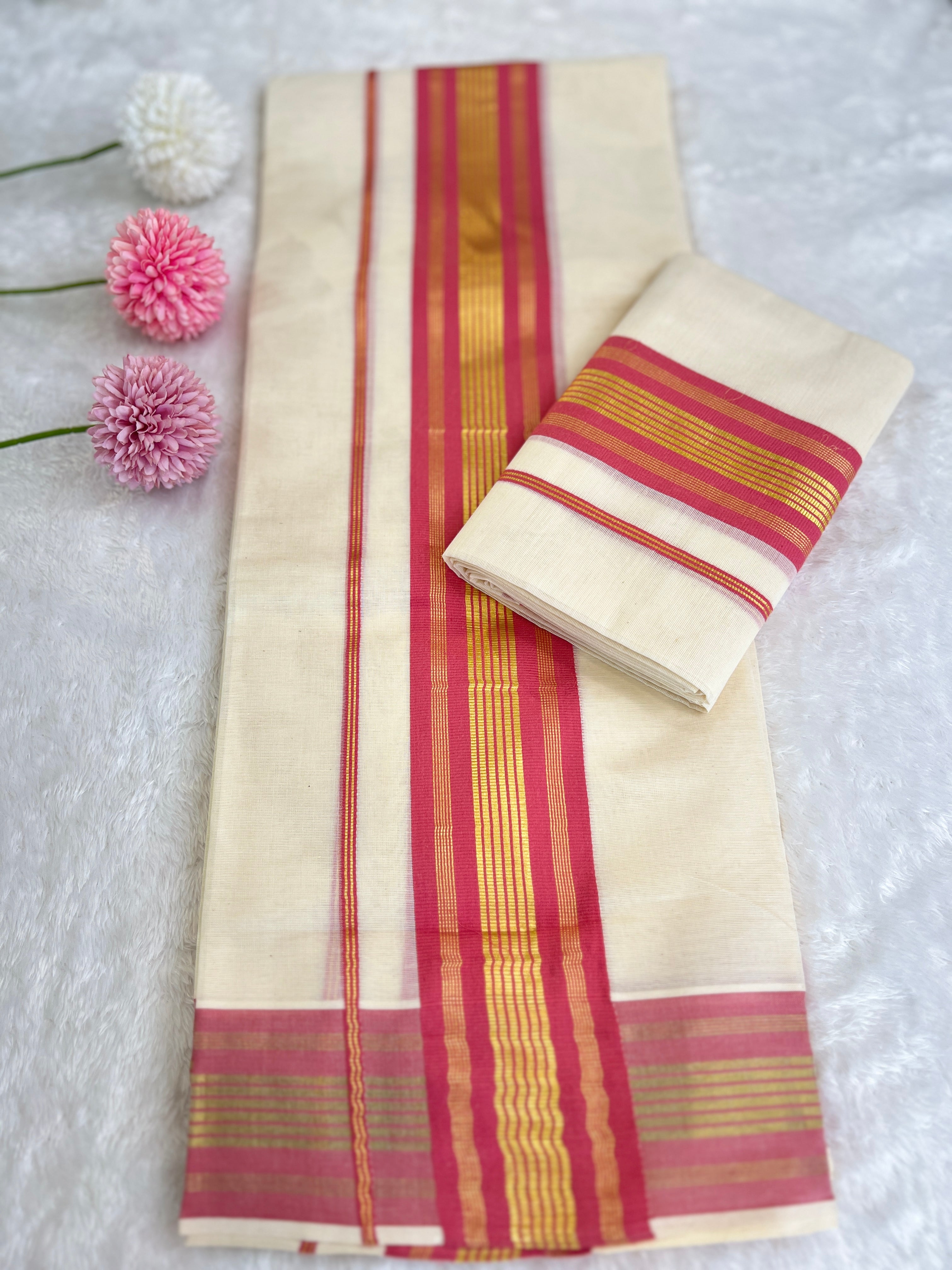 Stripe Border Pattern Kerala Cotton Set Mundu | GAT545