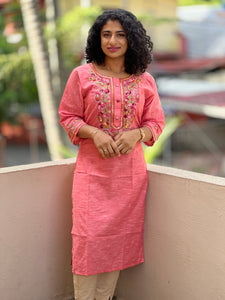 Pink Color Floral Hand Embroidery Cotton Kurta |  OS261