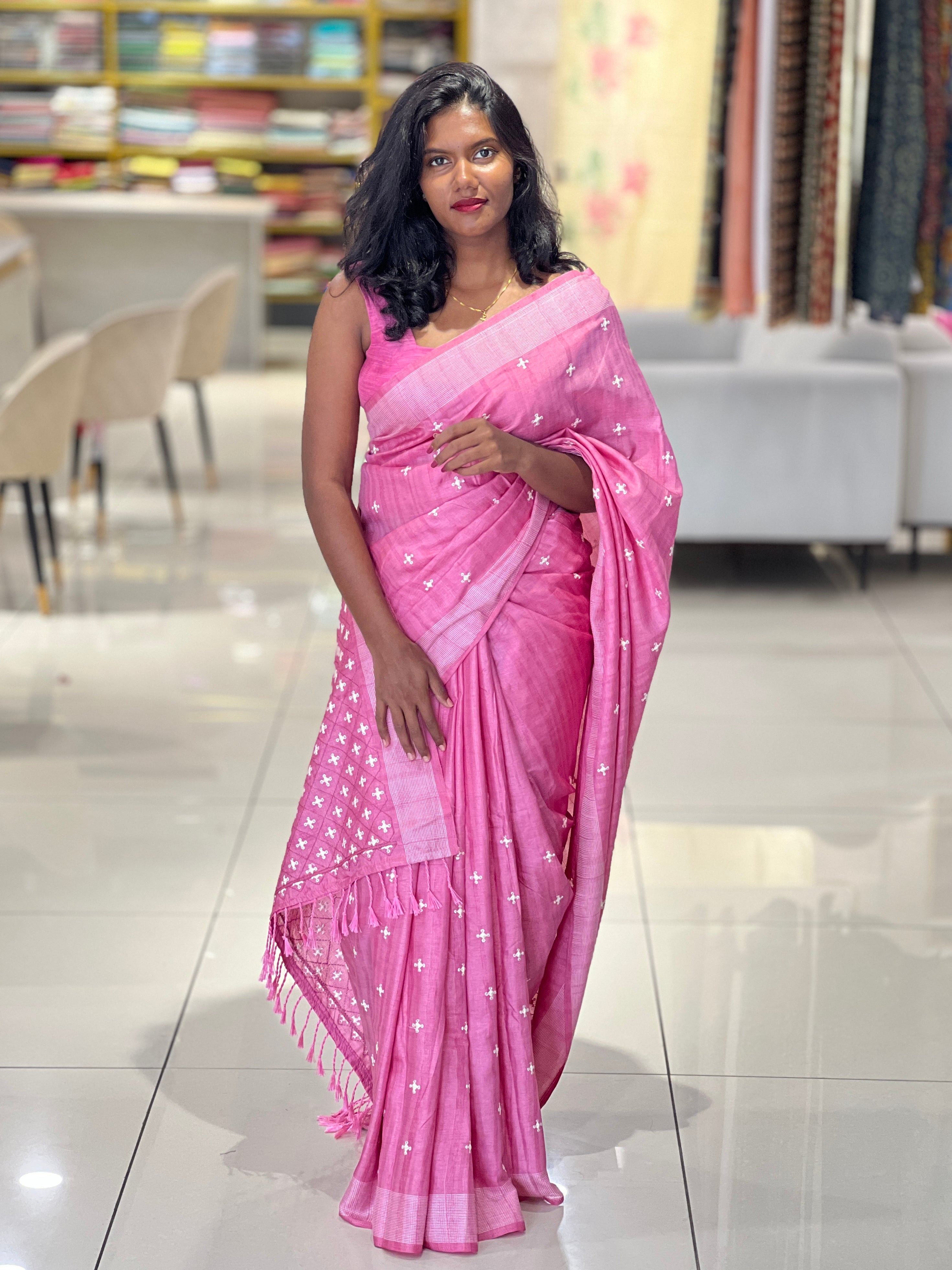 Machine Embroidery Detailed Semi Tussar Saree | SUN325