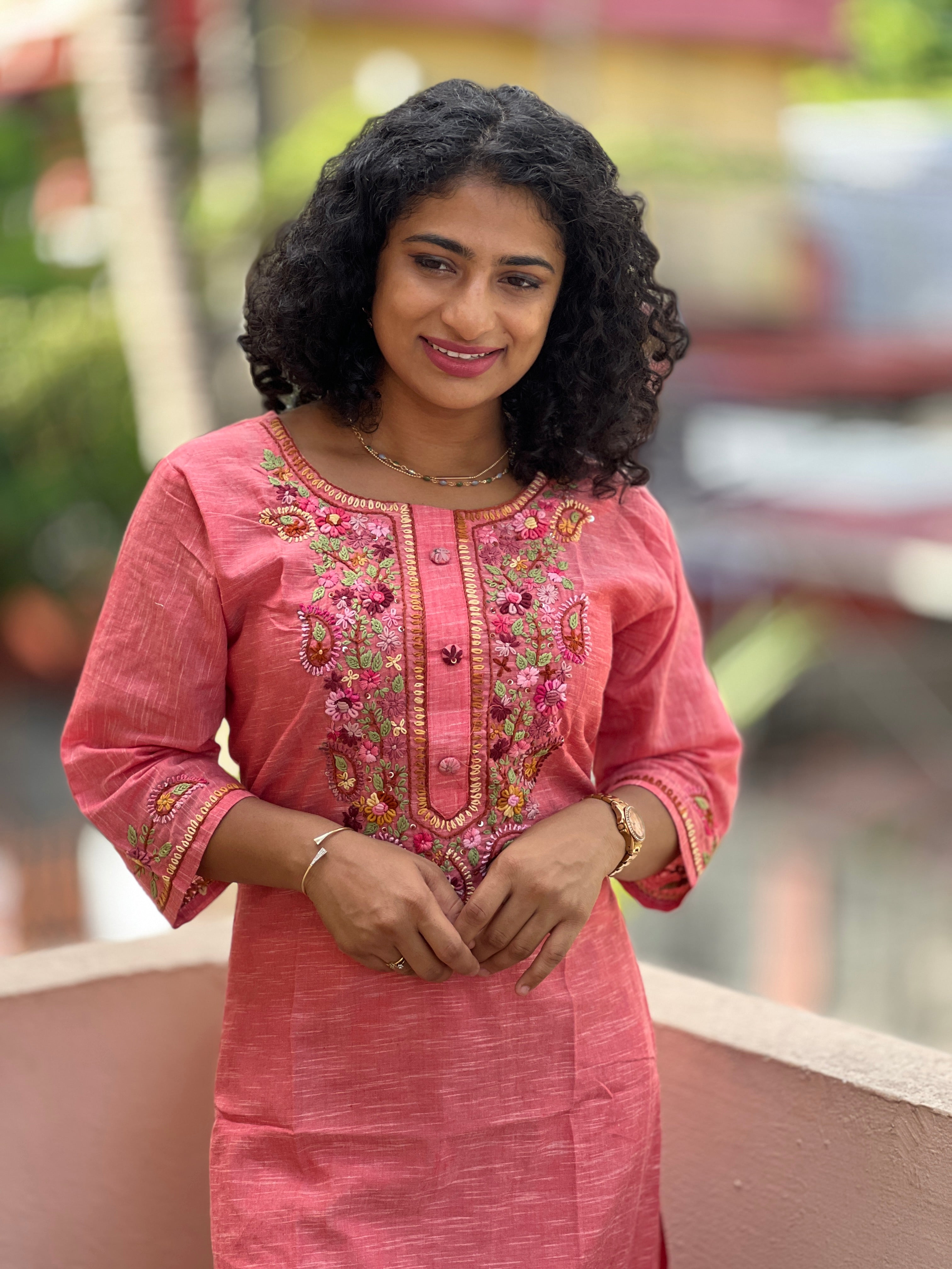 Pink Color Floral Hand Embroidery Cotton Kurta |  OS261 | Pre Order