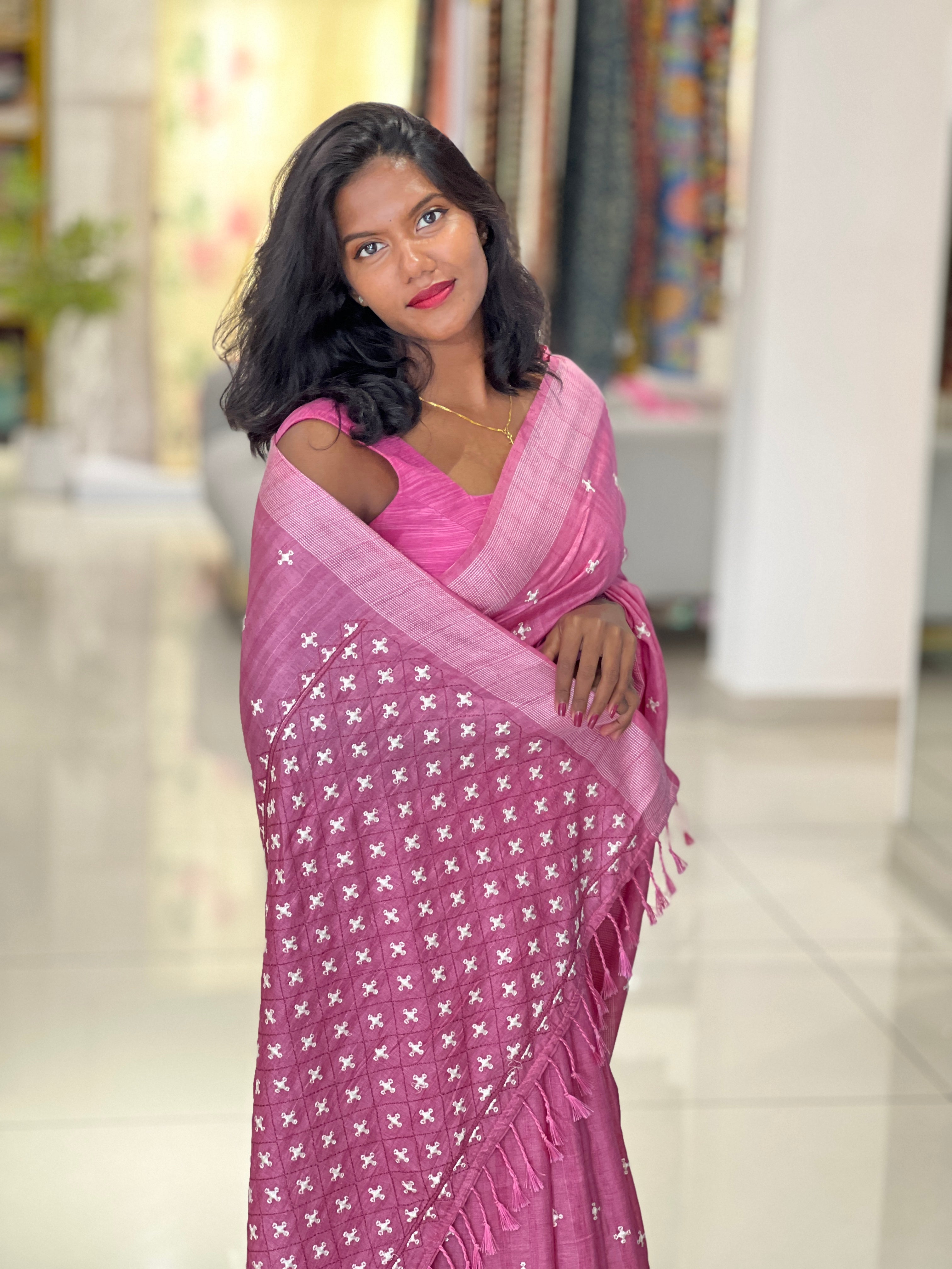 Machine Embroidery Detailed Semi Tussar Saree | SUN325