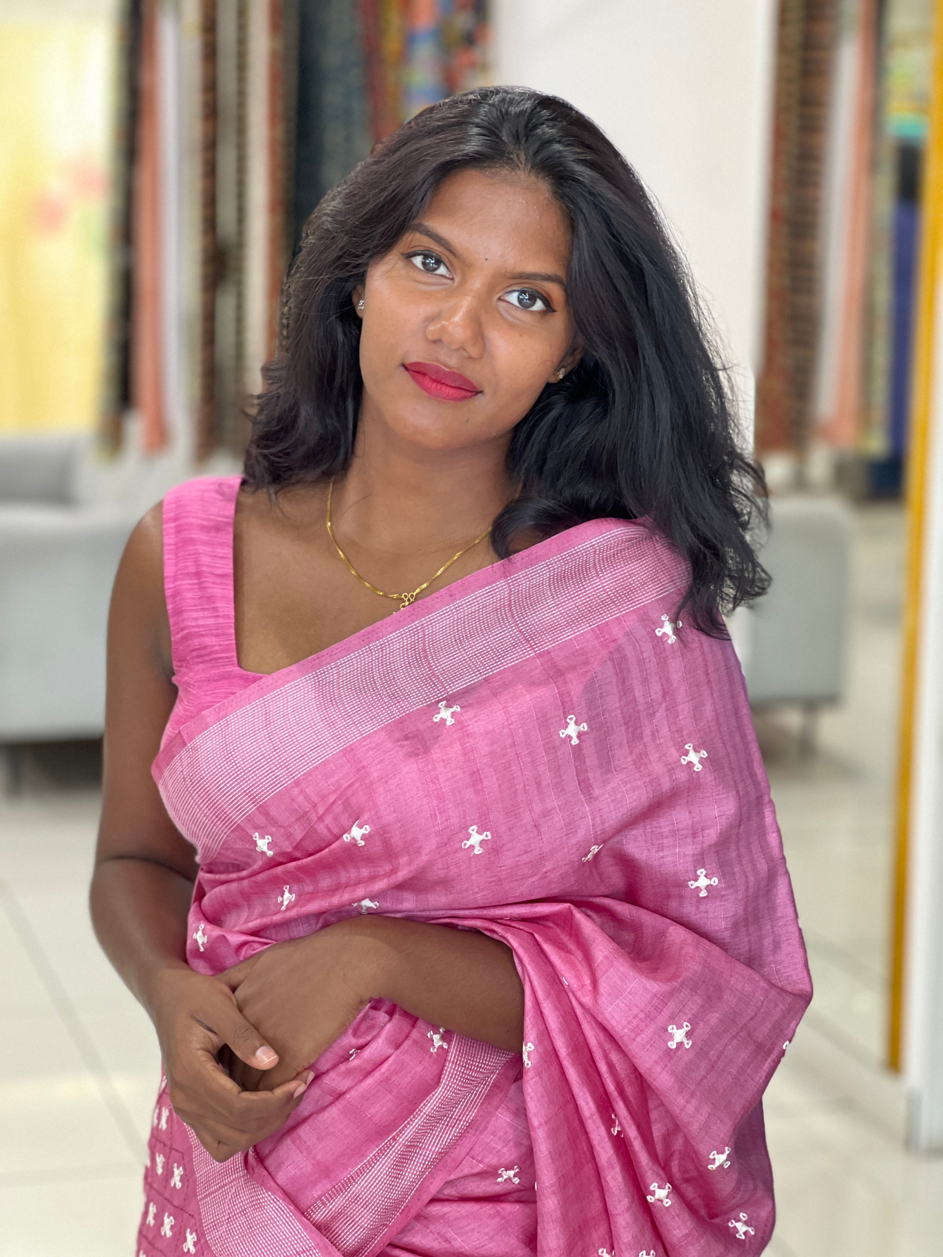 Machine Embroidery Detailed Semi Tussar Saree | SUN325