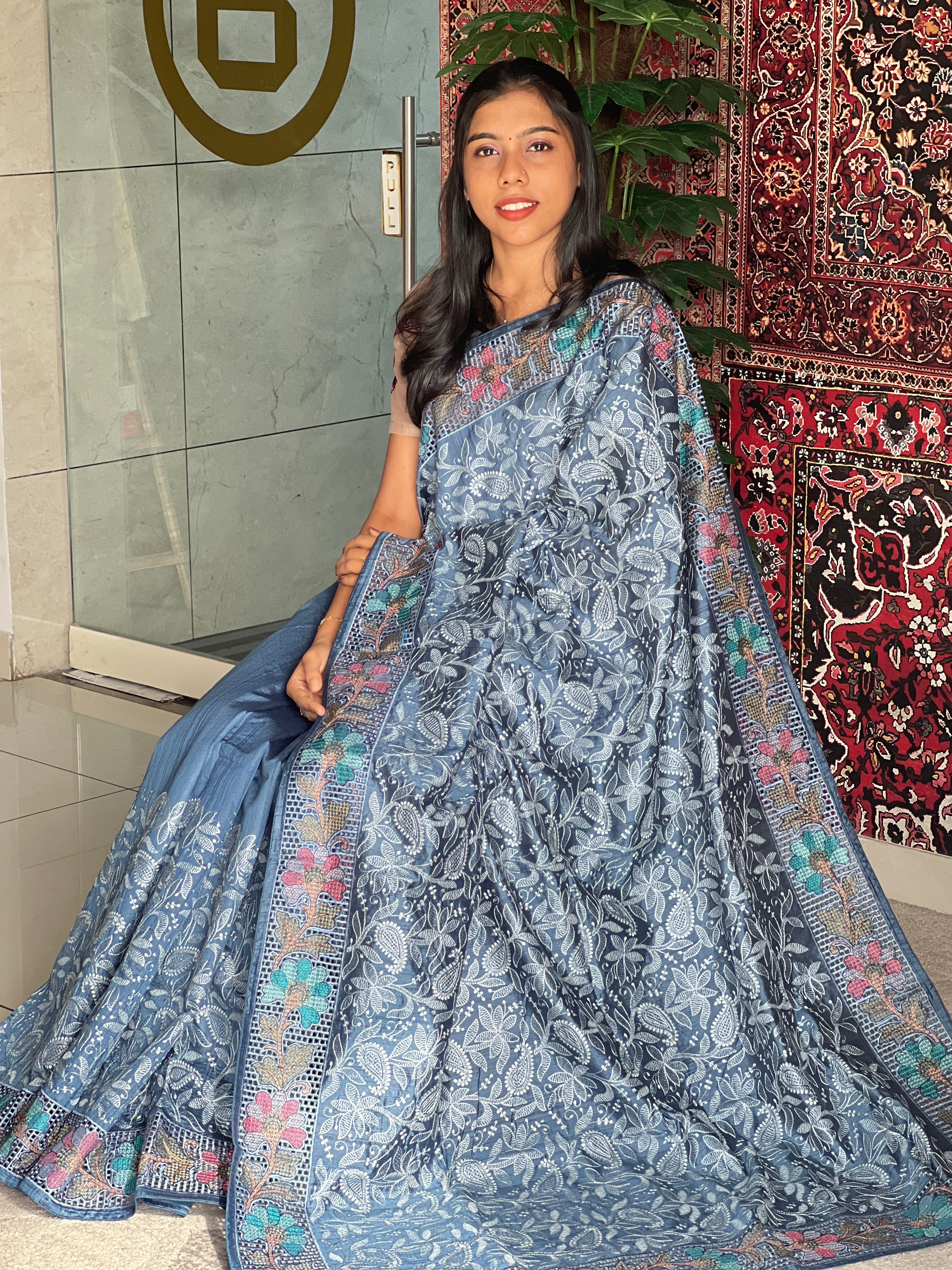 Cutwork & Embroidery Detailed Tussar Finish Saree | GAR117