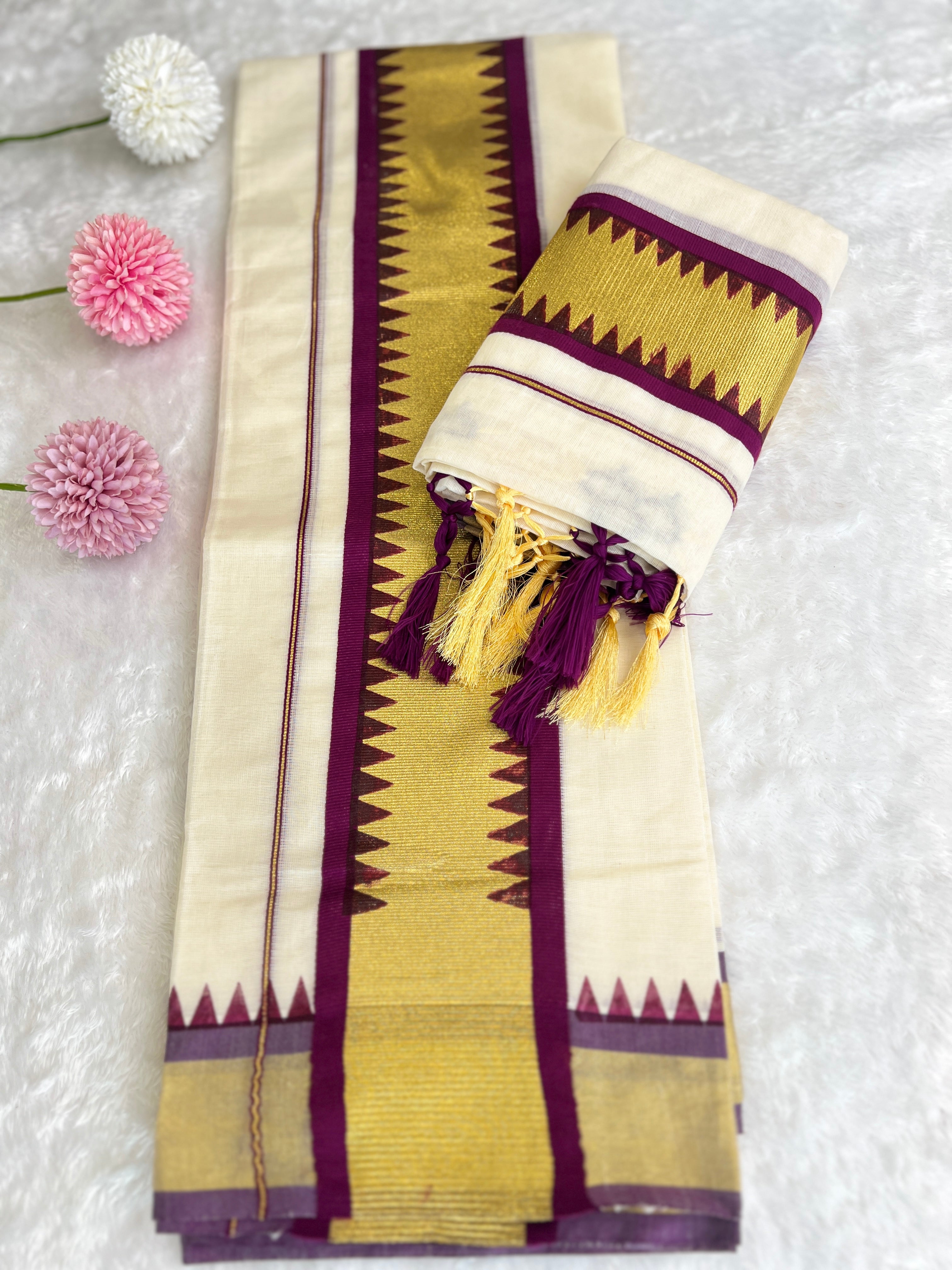 Temple Pattern Border Kerala Cotton Set Mundu | GAT572