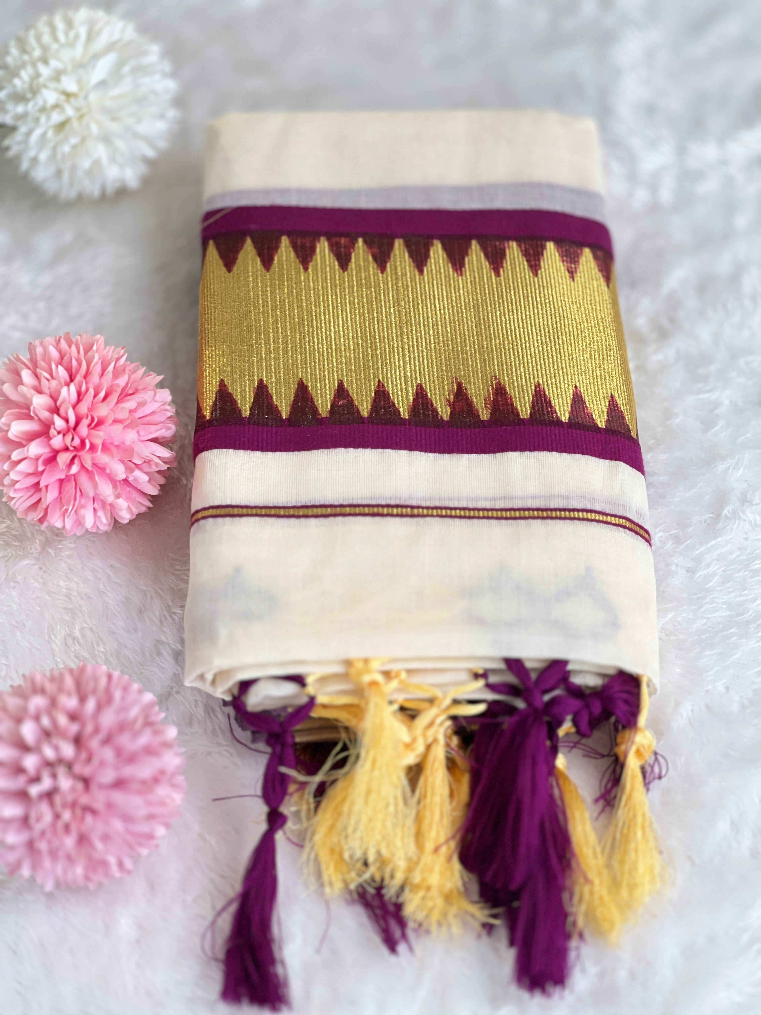 Temple Pattern Border Kerala Cotton Set Mundu | GAT572