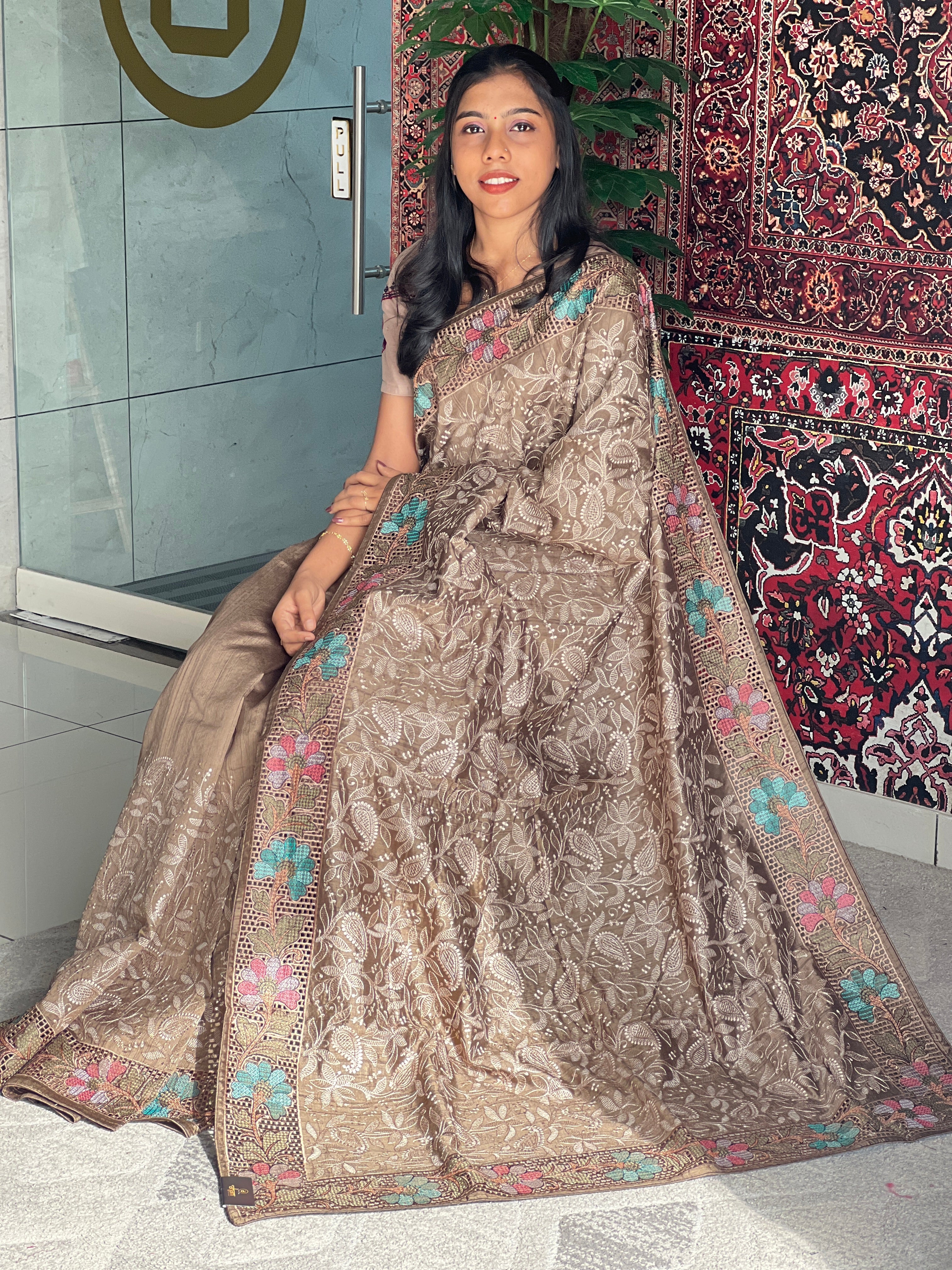 Cutwork & Embroidery Detailed Tussar Finish Saree | GAR119