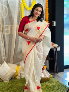 Kasavu & Kara Weaved Temple Patterned Semi Silk Saree | HT252