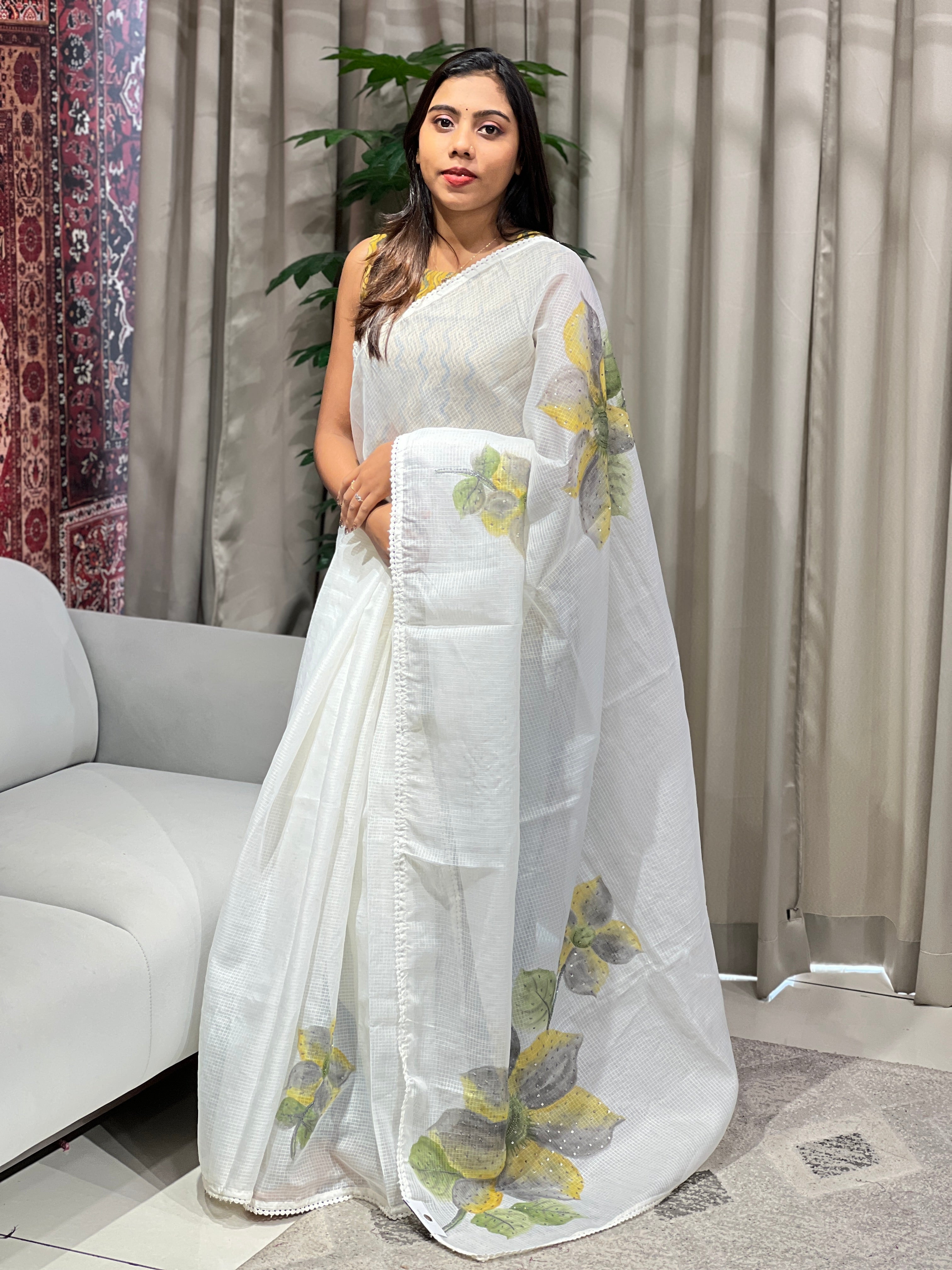 Floral Hand Paint With Beads Highlighted Silky Kota Saree | BLD1933