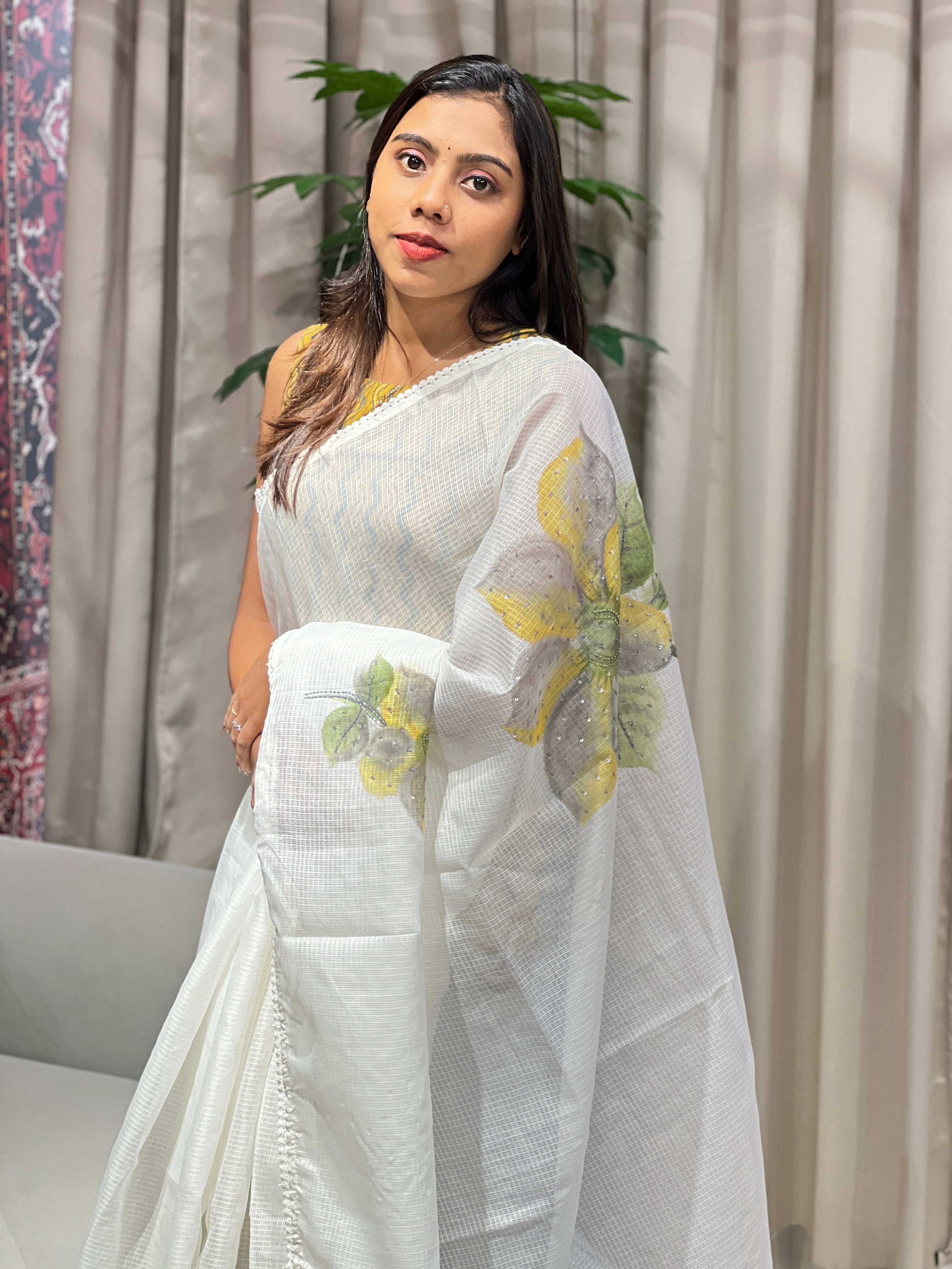 Floral Hand Paint With Beads Highlighted Silky Kota Saree | BLD1933