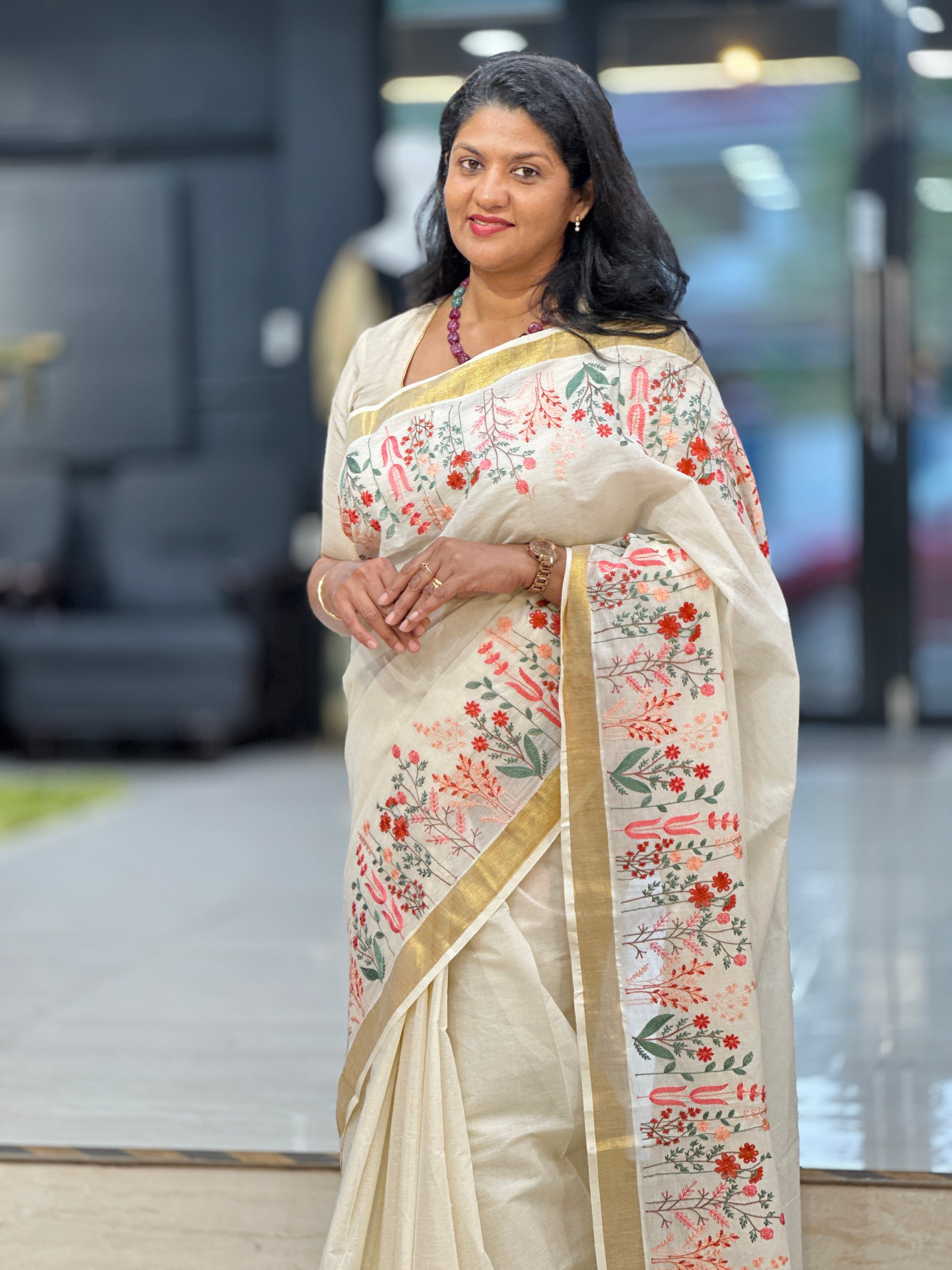 Floral Embroidered Kerala Cotton Saree | JSC292