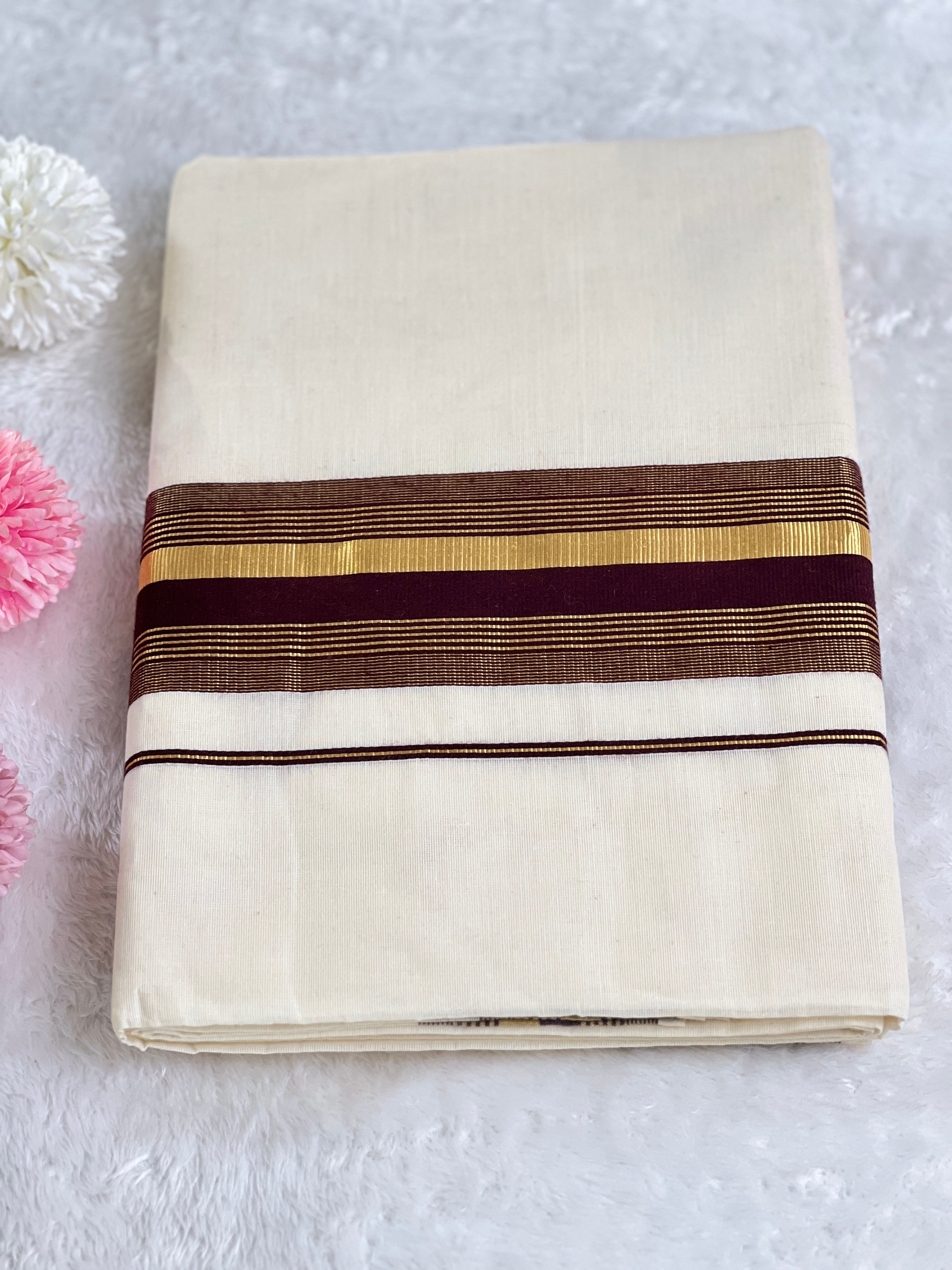 Stripe Border Pattern Kerala Cotton Set Mundu | GAT446