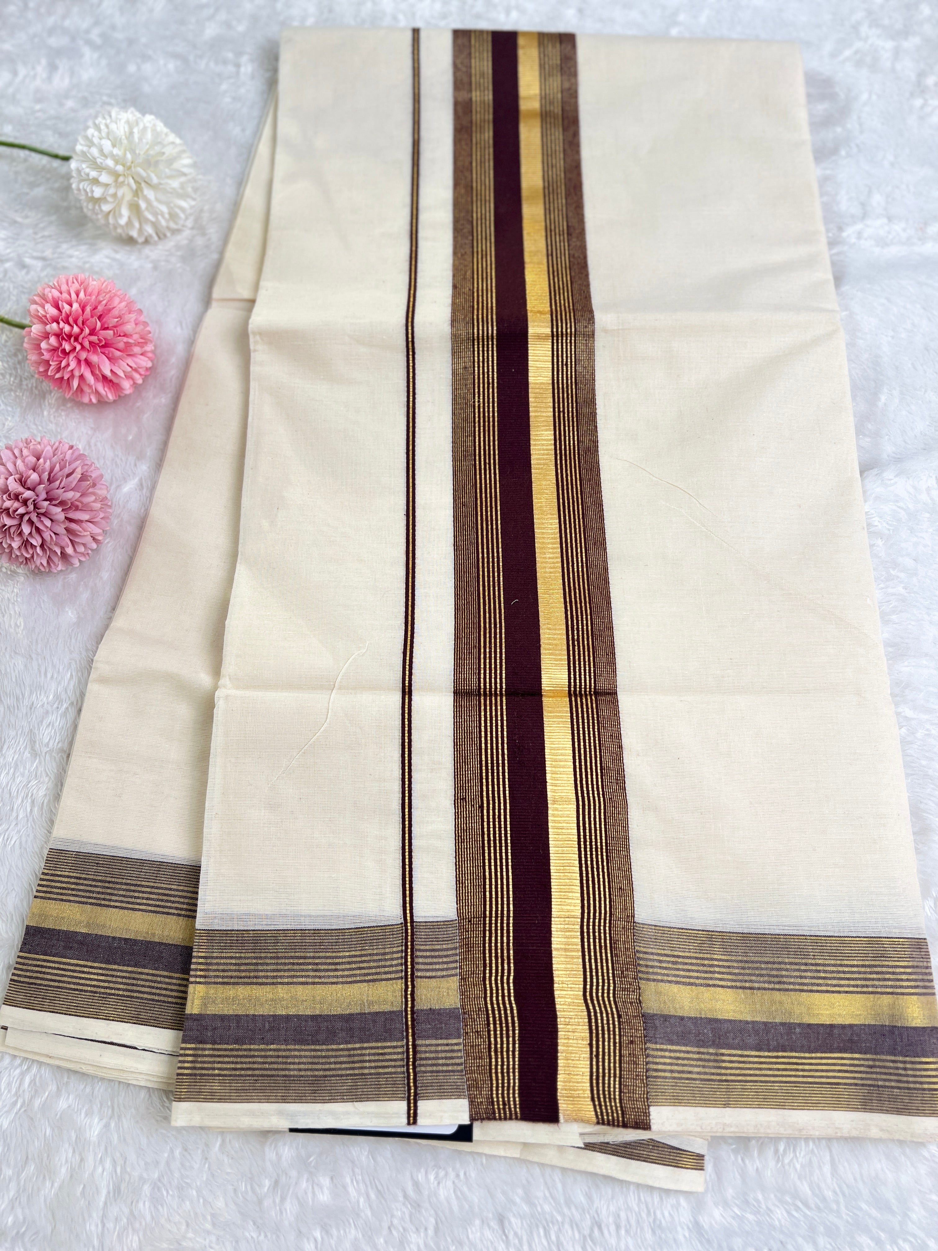Stripe Border Pattern Kerala Cotton Set Mundu | GAT446