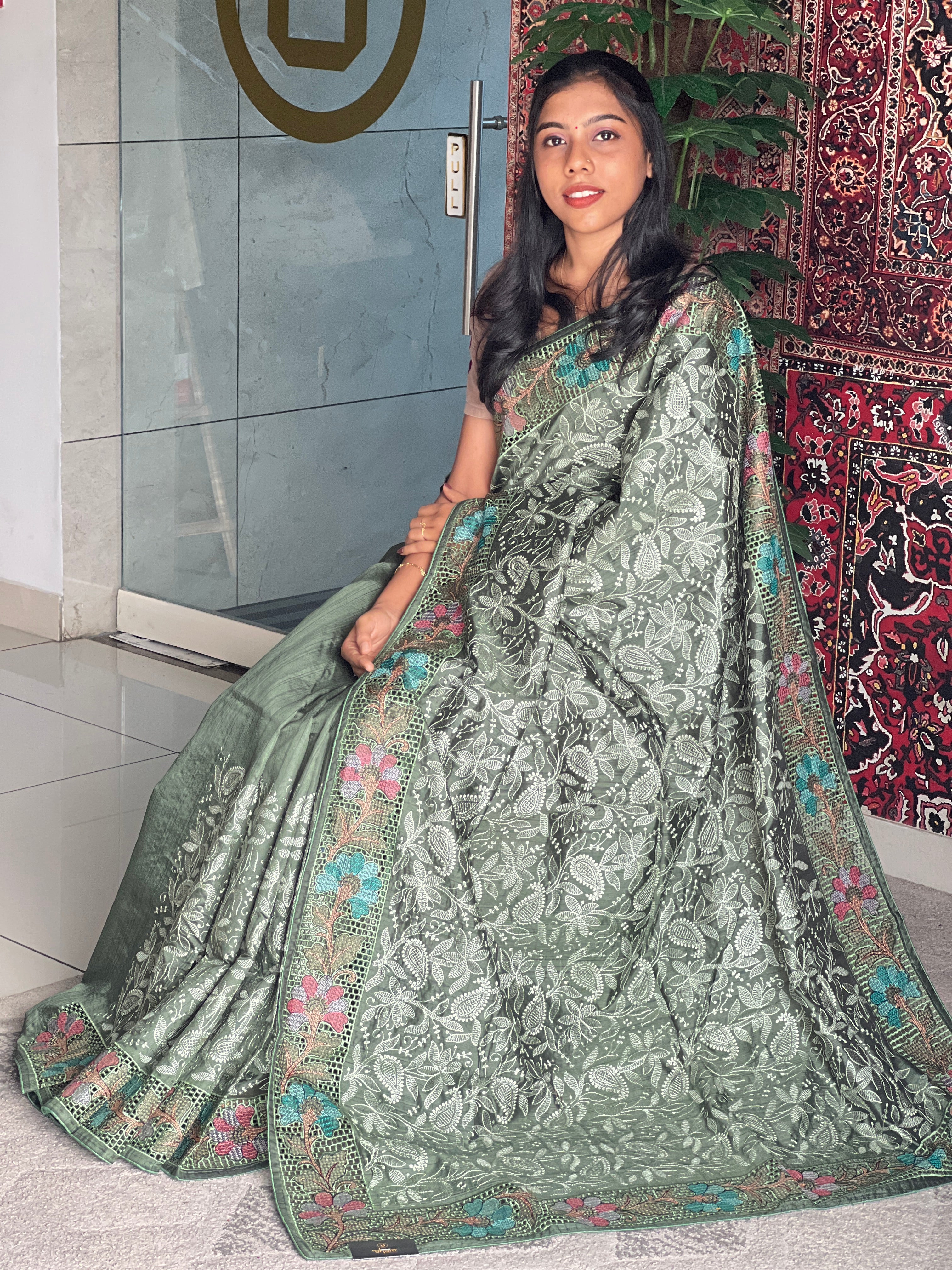 Cutwork & Embroidery Detailed Tussar Finish Saree | GAR116