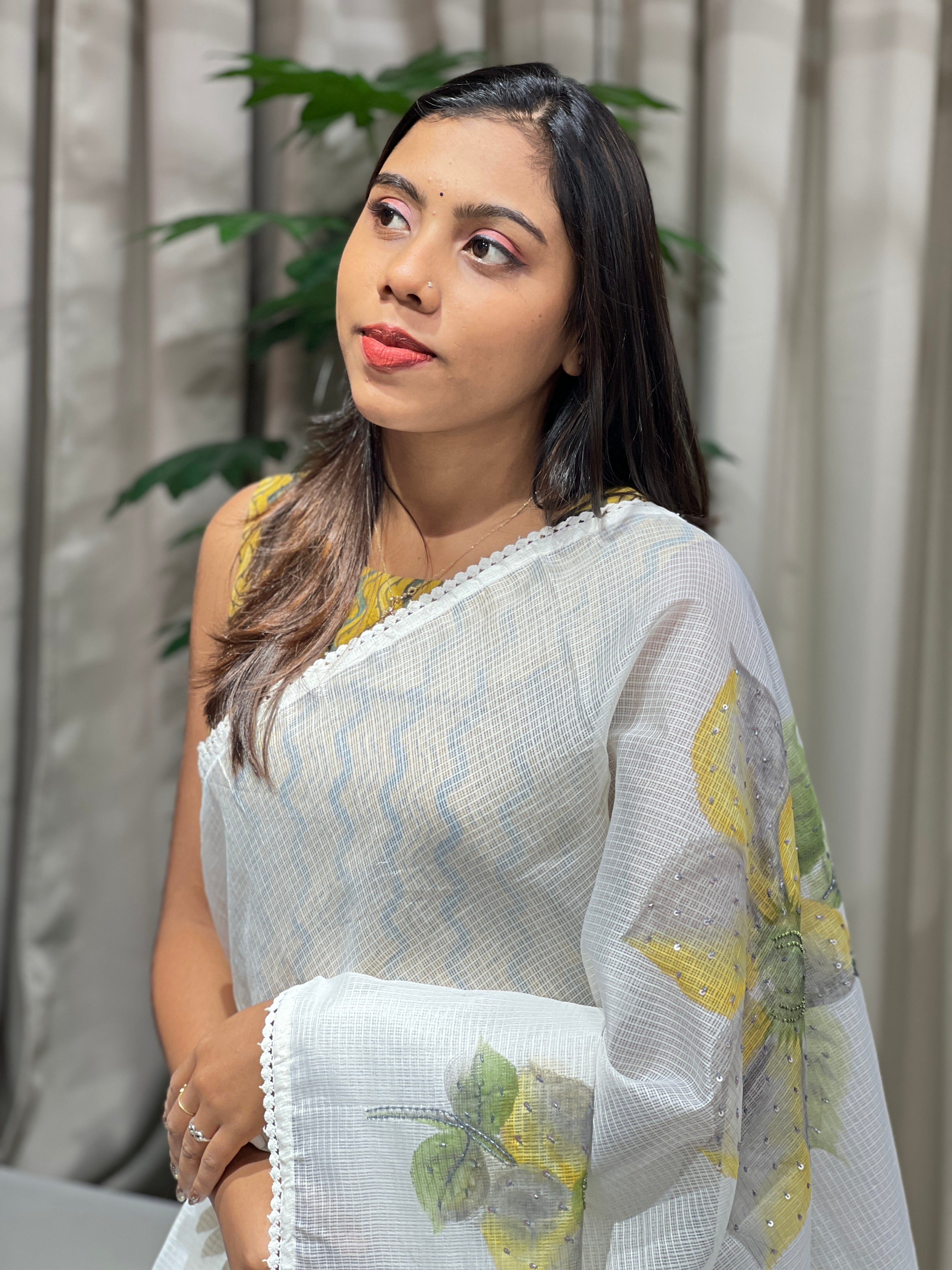 Floral Hand Paint With Beads Highlighted Silky Kota Saree | BLD1933