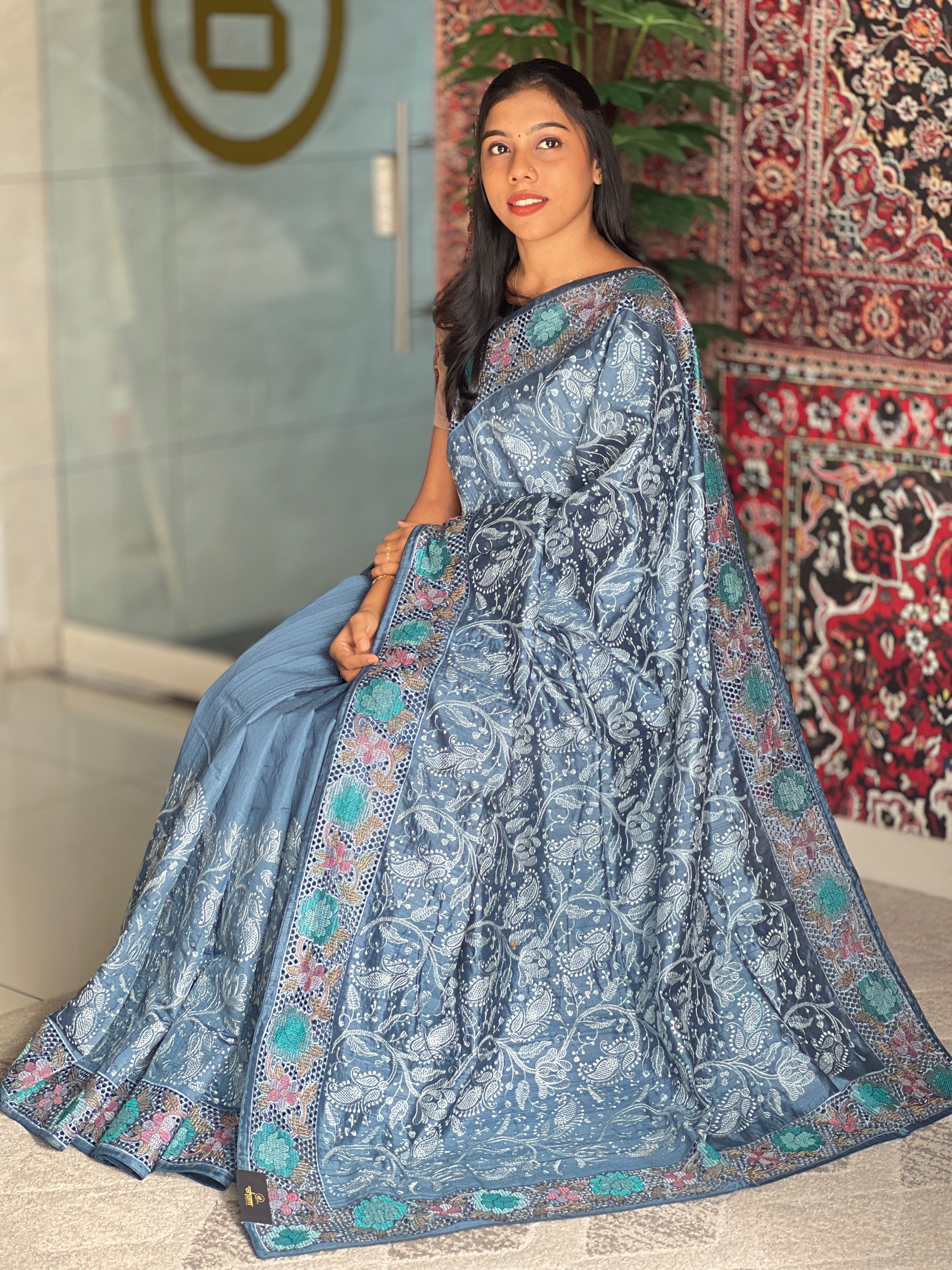 Lucknowi Embroidery Detailed Tussar Finish Saree | GAR114