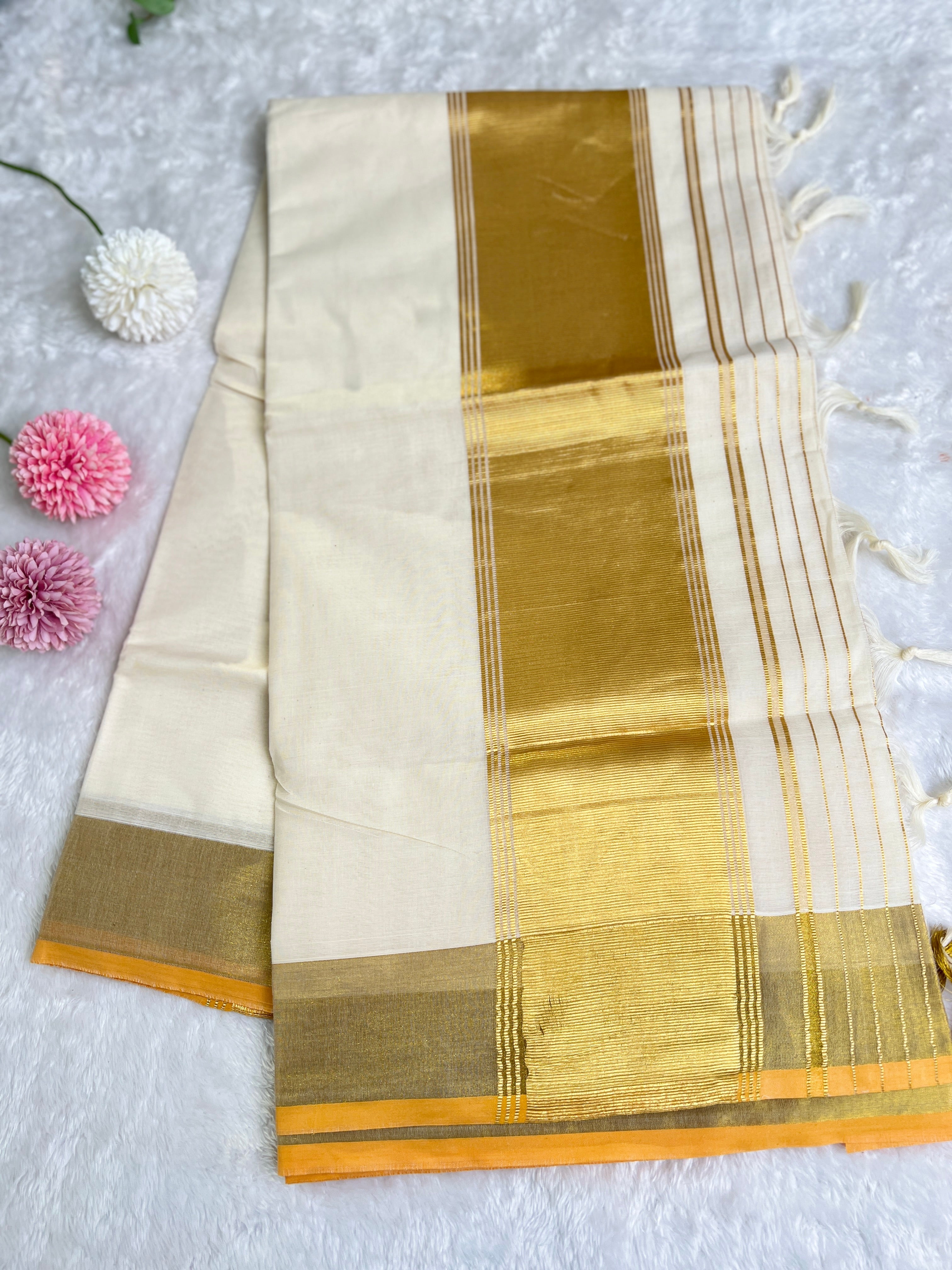 Golden Kasavue Pattern Border Kerala Cotton Set Mundu | GAT440