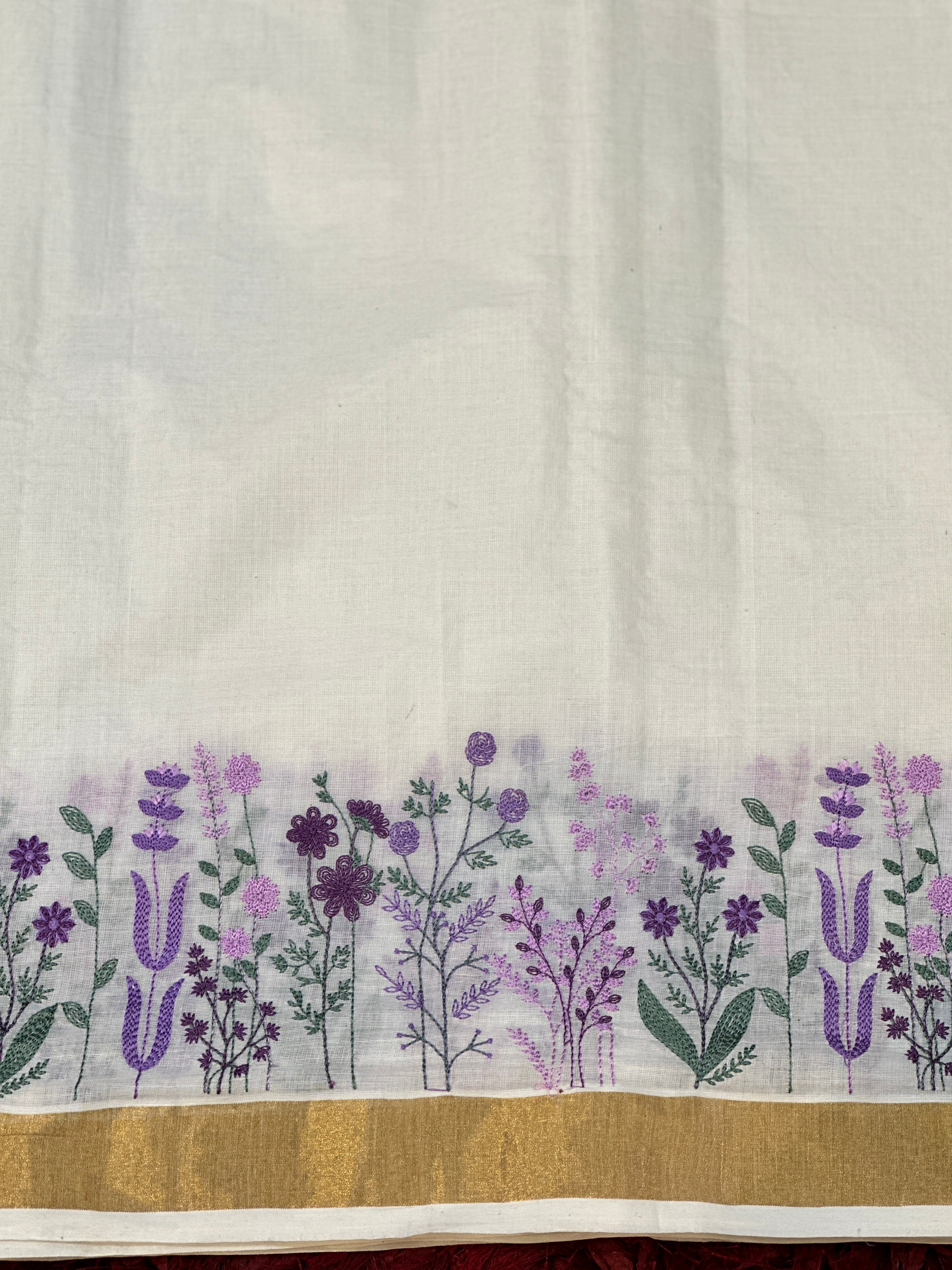 Floral Embroidered Kerala Cotton Saree | JSC288